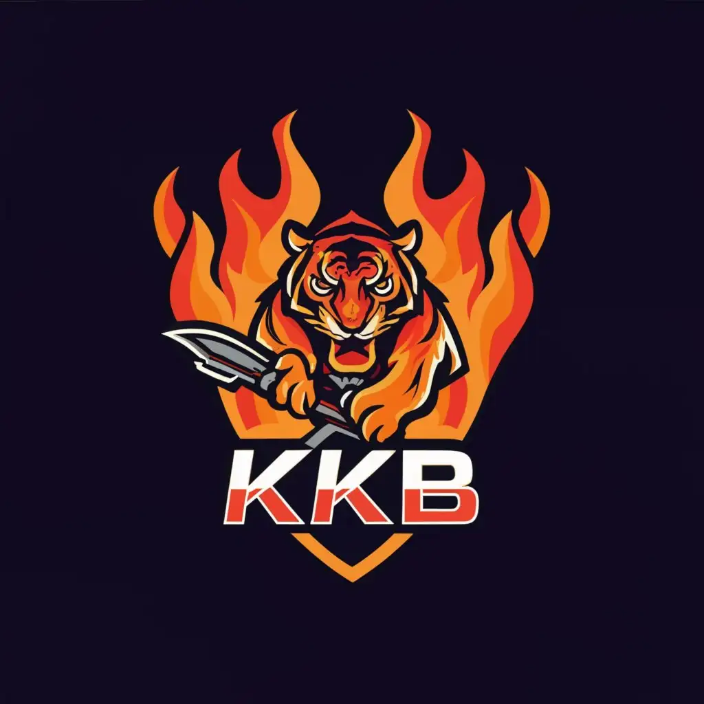 a logo design,with the text "KKB", main symbol:TIGER WITH A SWORD and a fiery background,Moderate,be used in Entertainment industry,clear background