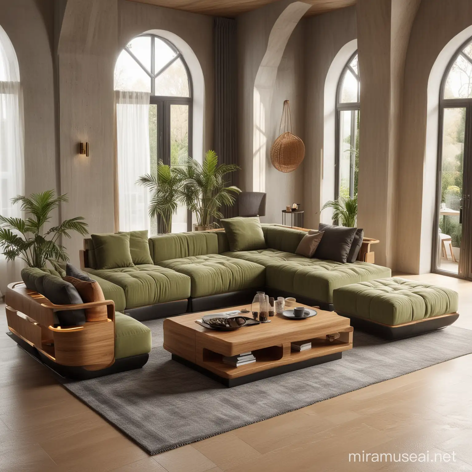 2024 Futuristic Modular Leather Sofa Set with Oak Wood and Dark Gray Fuzzy Fabrics in Exotic Villa