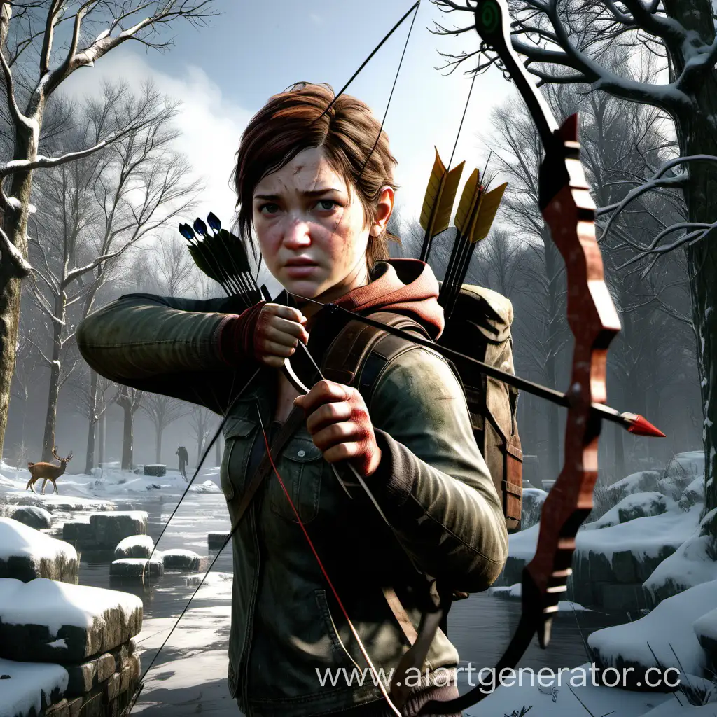 Ellie-from-The-Last-of-Us-in-Winter-Hunting-Scene-with-Bow-and-Arrow