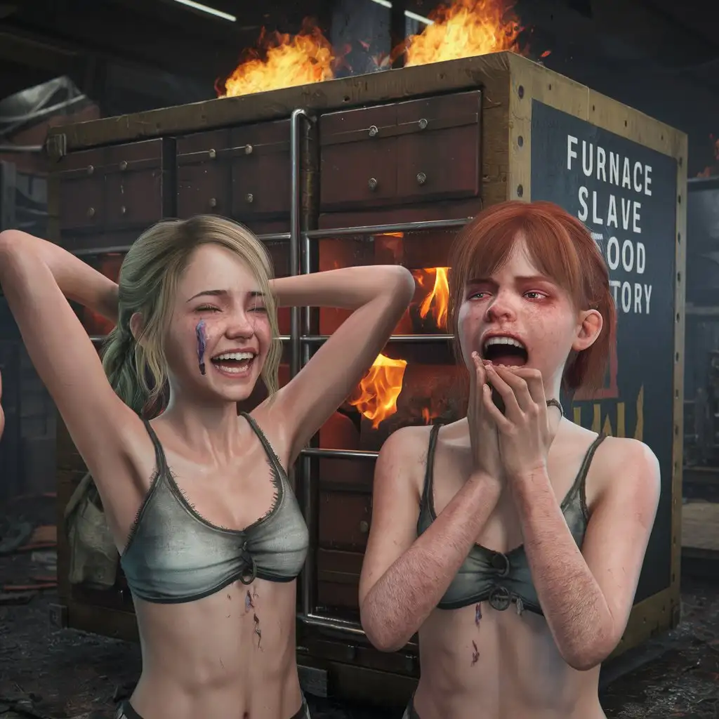 3d ultra realist resolution render, unreal engine render image portrait of blond young twenty girl russian women painful cry laughing arms up hair body armpits hairy looking giant storage square with fire flames clear glass of overcrowd redhead young twenty girl russian women kissing screaming crying painful, pancart on box write "Furnace slave food factory".