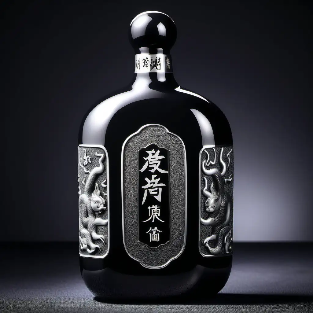 Chinese liquor bottle design, high end liquor, 500 ml ceramic bottle, photograph images, high details, black and silver, fashionable style, simple details

