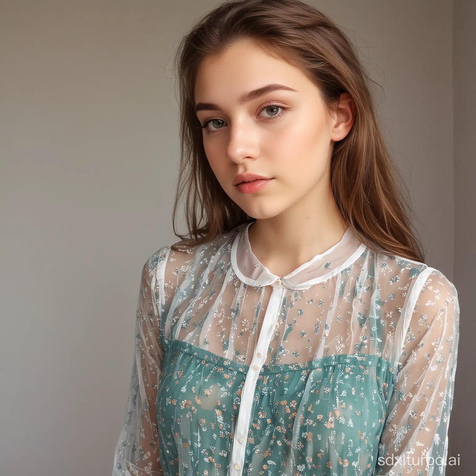 A beautiful teen with a see through blouse