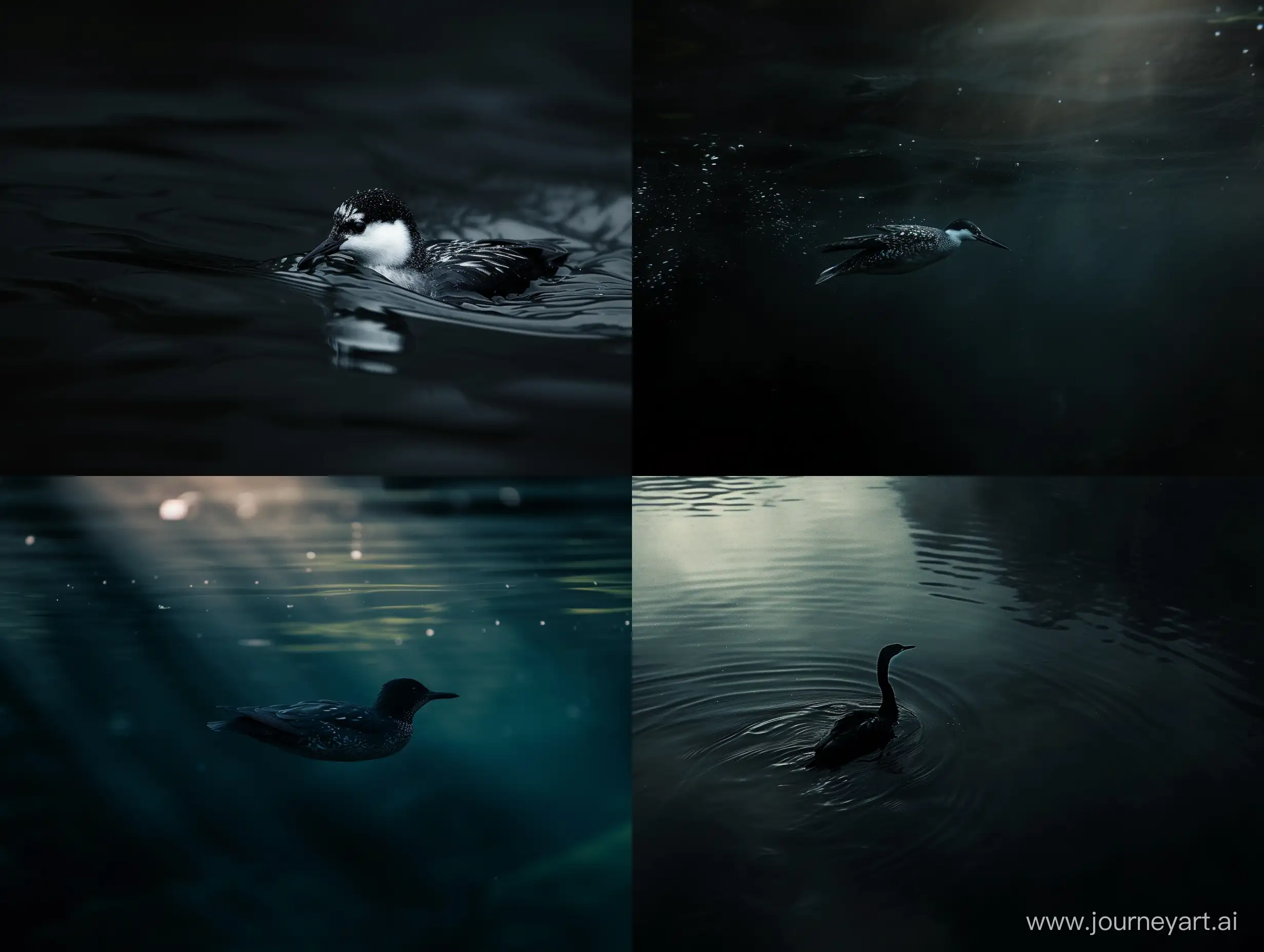 a bird swimming under the water, dark colors, mystical