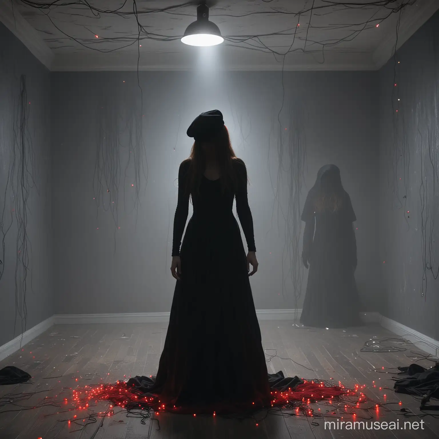Girl and man, girl crying, a bit far away, tall style, head down, middle of the picture, long black dress, black cap, room a little messy, red thread lights, ghost hands attacking the girl, sad girl  , inside the room, gray room, professional lighting, cinematic, many details, high quality, realistic, music cover