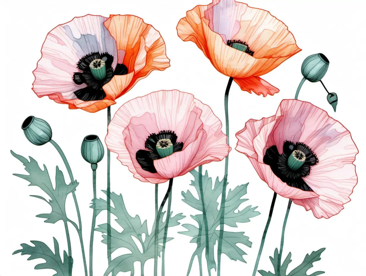 Pastel Watercolor Oriental Poppies Clipart Inspired by Andy Warhol on White Background