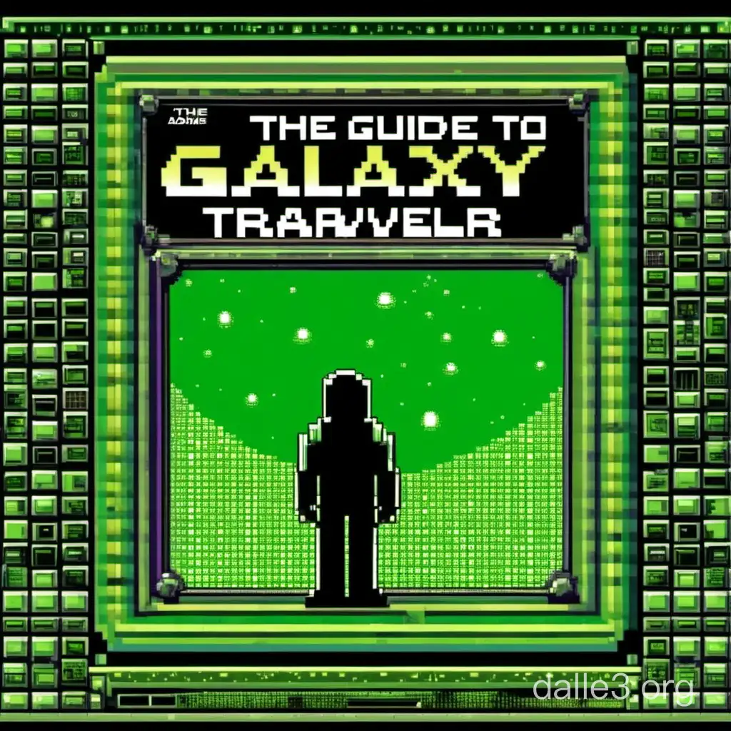 Le Guide du voyageur galactique Douglas Adams illustration couverture 8 bit vert et noir format 1920*1080 px