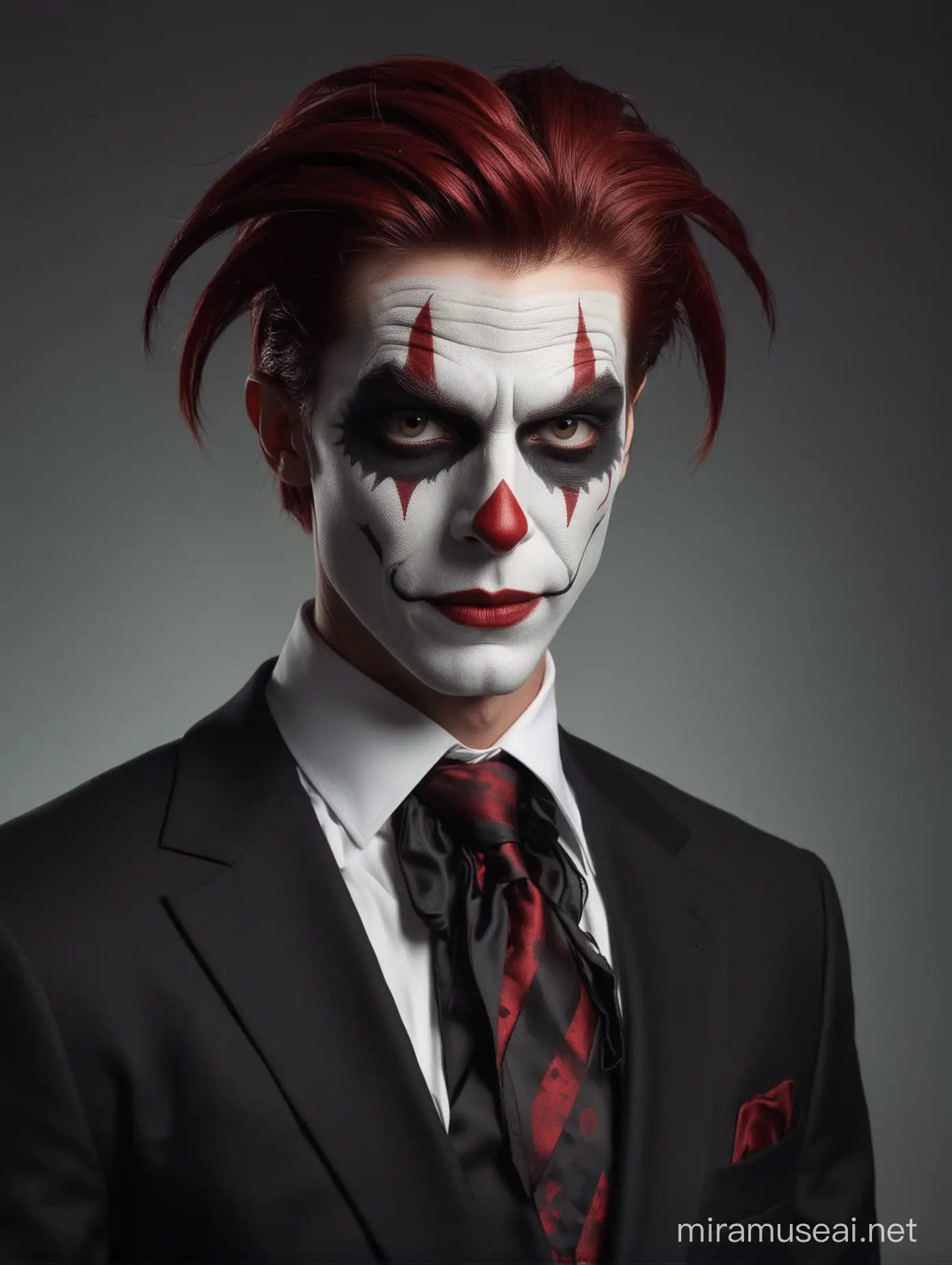 creepy jester,medium short slicked dark red hair,black buisness suit