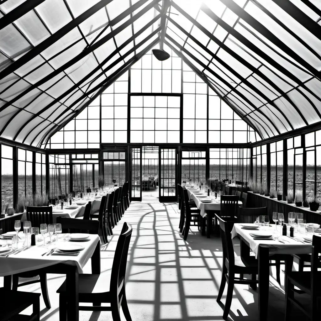 black and white image. dining facility within a glass and wood greenhouse serving traditional Kalahari type food
