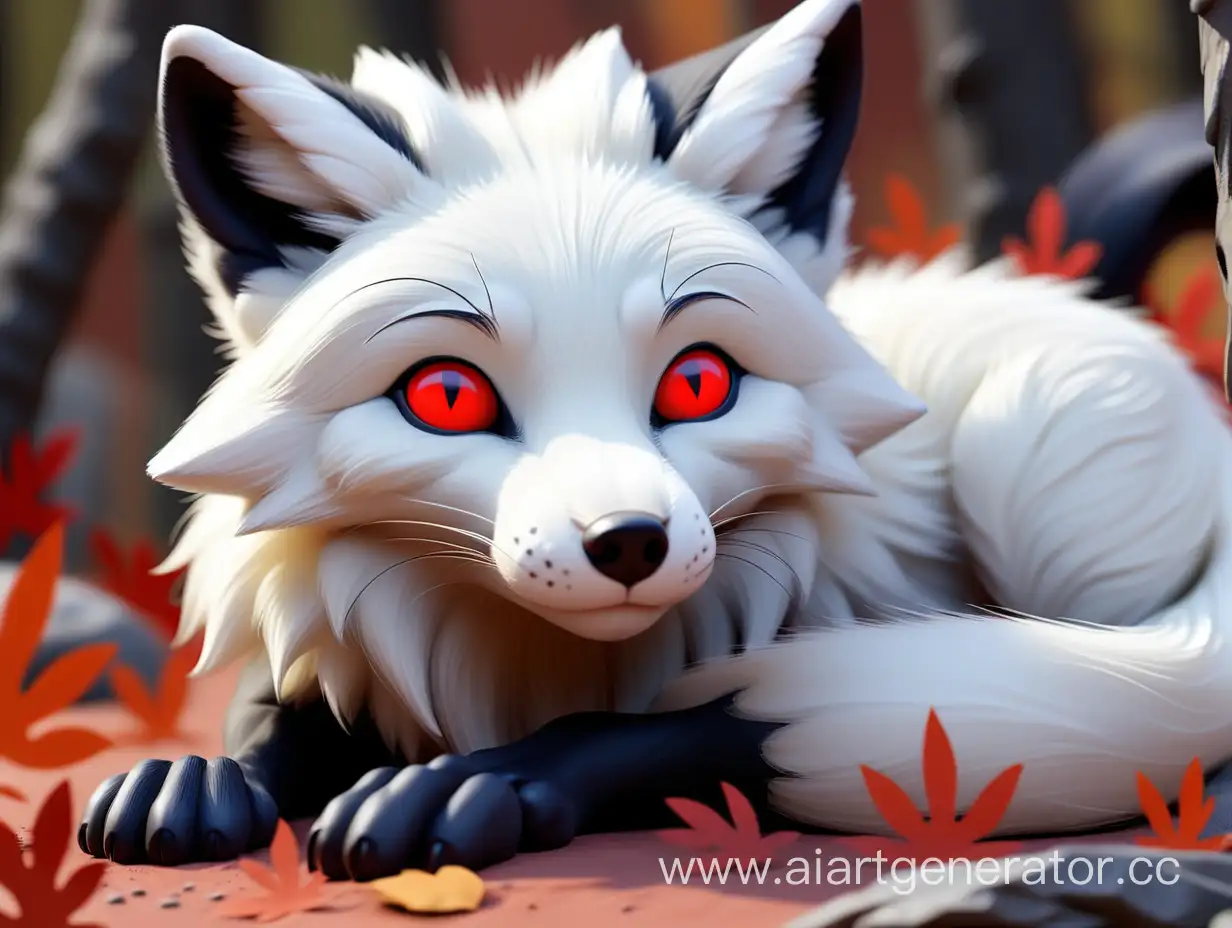 Serene-Slumber-White-Fox-with-Black-Paws-and-Red-Eyes-Rests-Peacefully