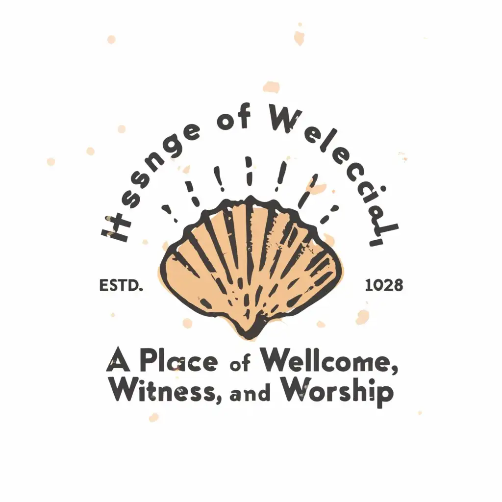 a logo design,with the text "A place of welcome, witness, and worship", main symbol:A pilgrims shell and church community.,Moderate,be used in Nonprofit industry,clear background