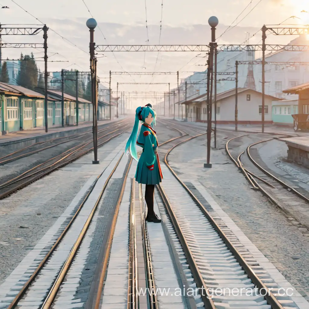 Miku-in-Soviet-Uniform-Watches-Sunrise-on-Railroad-Tracks