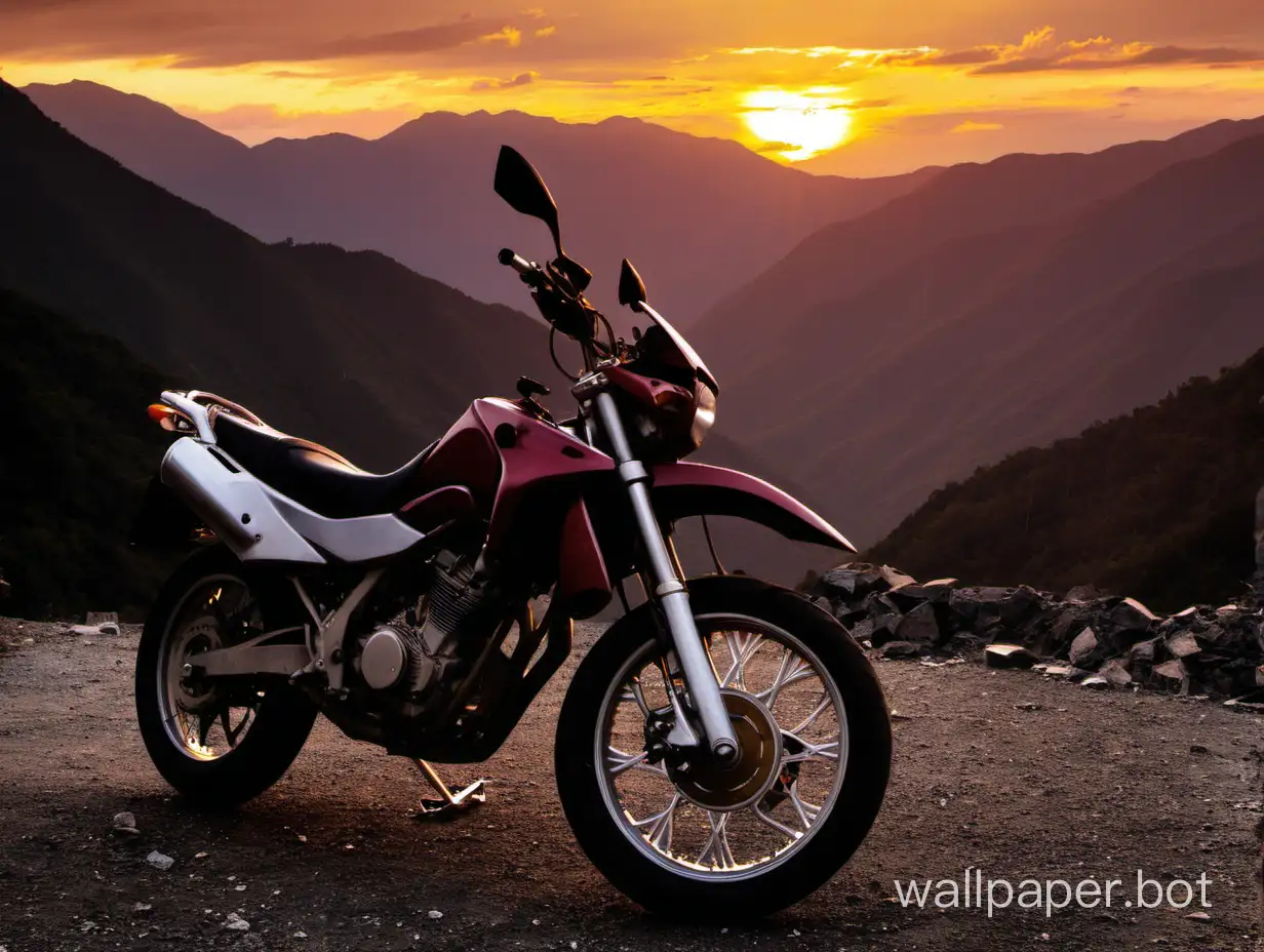 a motorbike in background with sunset in mountains