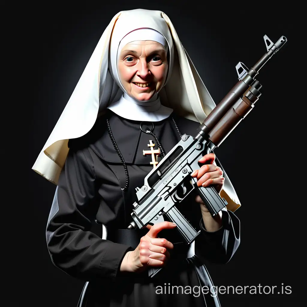 a nun holding a submachine gun on a black background