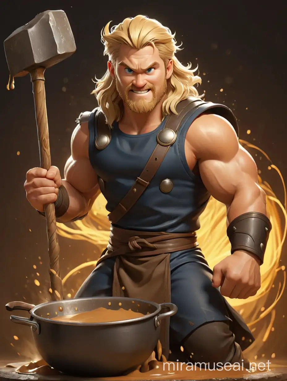 make a 3D animation caricature cartoon photo, 
Thor, marvel superhero, showing his blonde hair and wearing apron, stirring the dark caramel mixture in a giant pan with mjolnir, standing in the central, mysthical gold glow background, high contrast