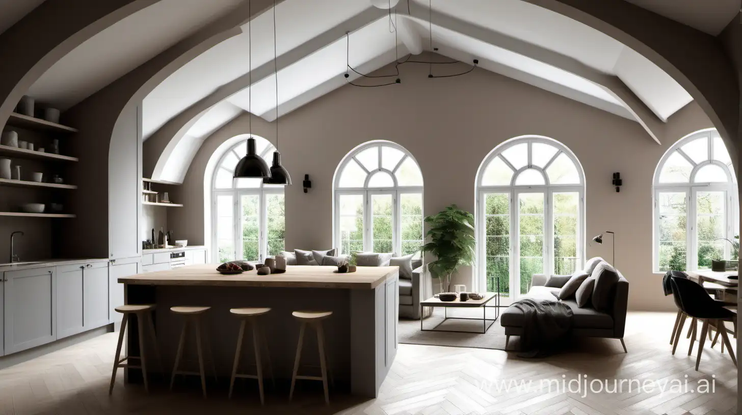 Spacious 45 sqm Living Room with Trussed Ceiling and Elegant Arched Windows