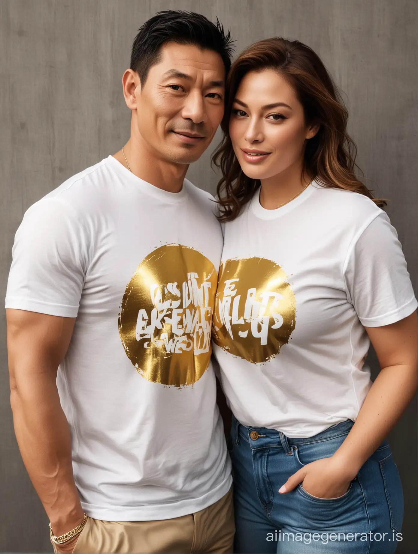 Celebrity-Fashion-Andy-Lau-and-Ashley-Graham-in-Stylish-Gold-TShirt-Attire