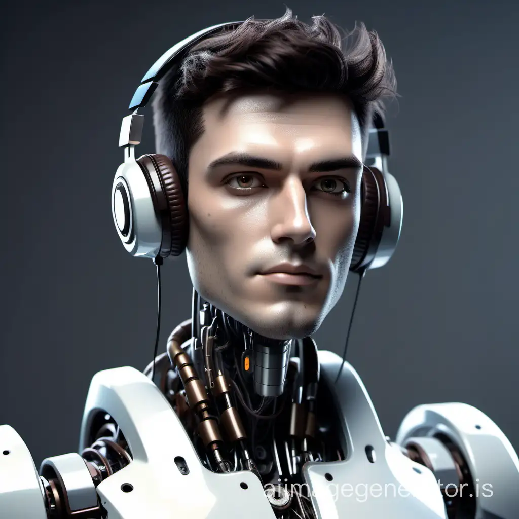 a male futuristic robot with small headphones and a microphone, with dark brown hair, looks like a person and has a kind, pretty face. 25 years old, attractive and well-proportioned