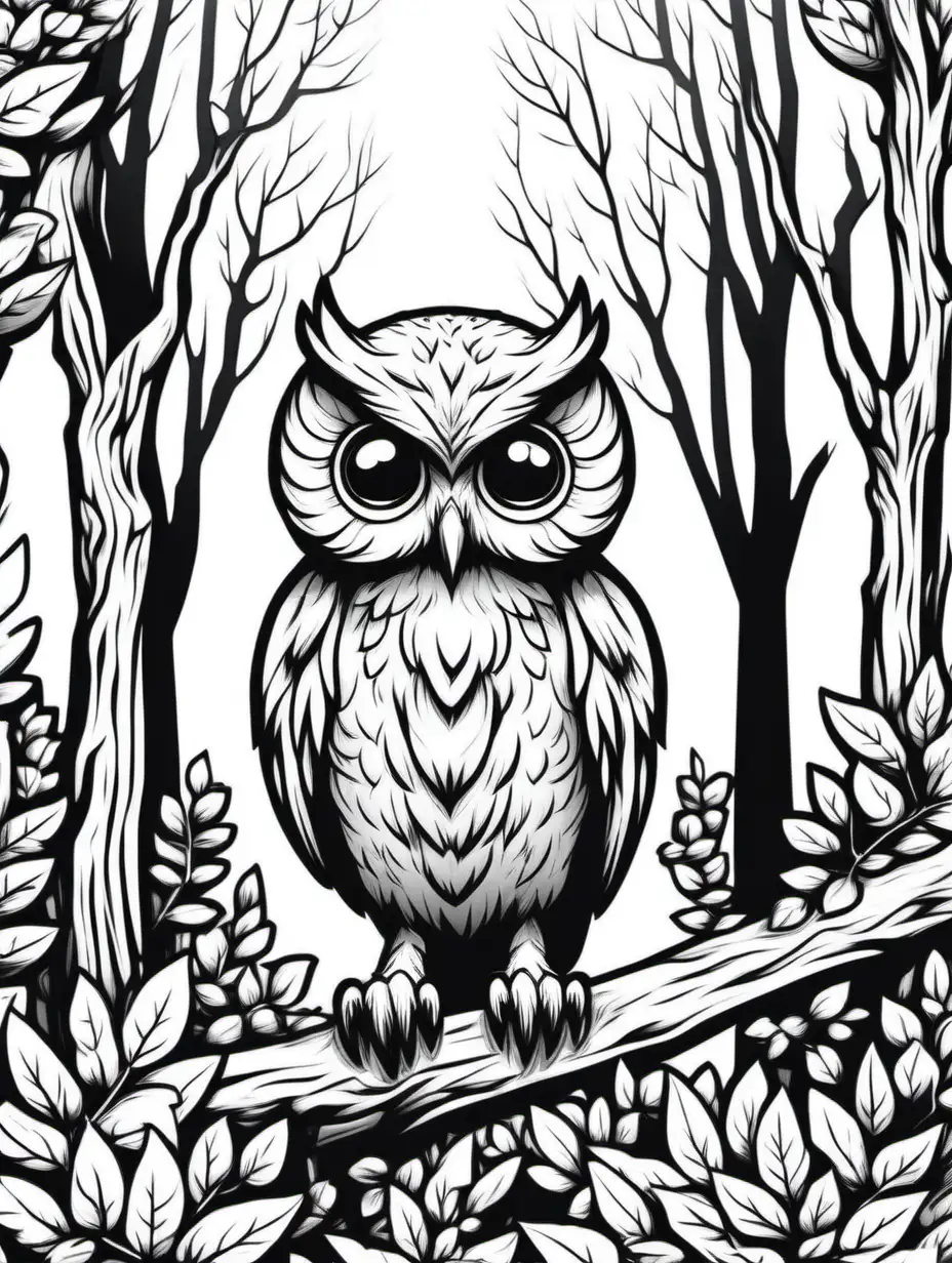 Cute Owl in Enchanted Forest Whimsical Wildlife Artwork
