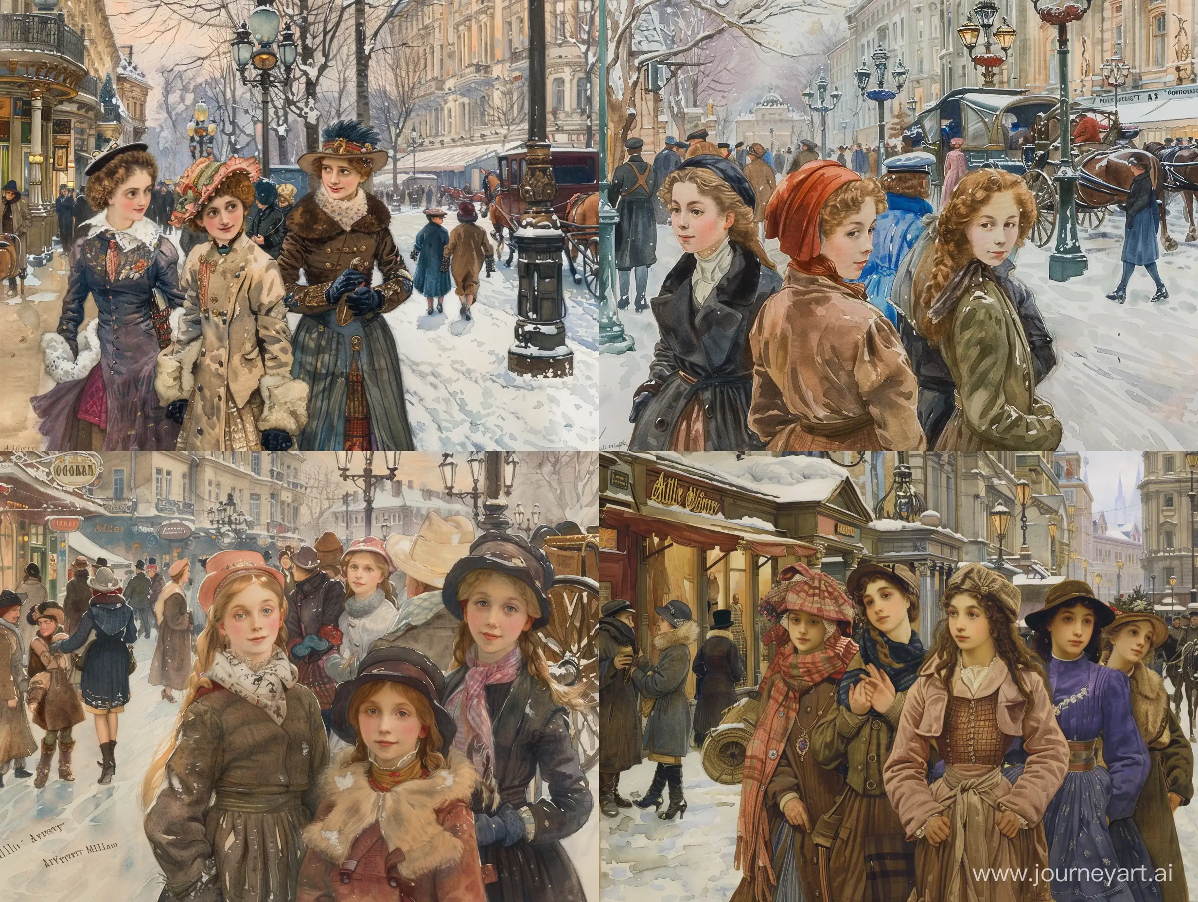 Subject: The central theme of the image is a winter scene in Moskau in 1910, capturing the essence of a busy street Arbat. The focus is on a group of elegant girls, highlighting the fashion and lifestyle of the time. The artist, John Everett Millais, skillfully brings the historic setting to life through his Wathercolor painting. Setting: The background features a bustling street in Moskau during winter, creating a lively atmosphere with people engaging in various activities. The winter setting adds a charming touch, with perhaps snow-covered streets and vintage architecture Arbat. Style/Coloring: Millais employs the classic style of oil painting, using rich and warm colors to evoke the ambiance of the early 20th century. The winter palette may include cool tones like blues and grays, contrasting with the vibrant colors of the girls' clothing. Action: The girls are depicted engaging in daily life activities, suggesting movement and vivacity. Millais captures the dynamic energy of the busy street, enhancing the narrative of the era. Items/Costume: The girls are likely adorned in fashionable clothing of the time, showcasing the trends and styles prevalent in 1910 Moskau. The painting may feature accessories such as hats, gloves, and other period-specific items. Appearance: The characters' appearances are refined and sophisticated, reflecting the societal norms and fashion of the early 20th century. Millais pays attention to detail, emphasizing the unique facial expressions and features of each individual. Accessories: The accessories in the painting, such as street lamps, horse-drawn carriages, and storefronts, contribute to the historical context. These details add depth and authenticity to the overall composition.