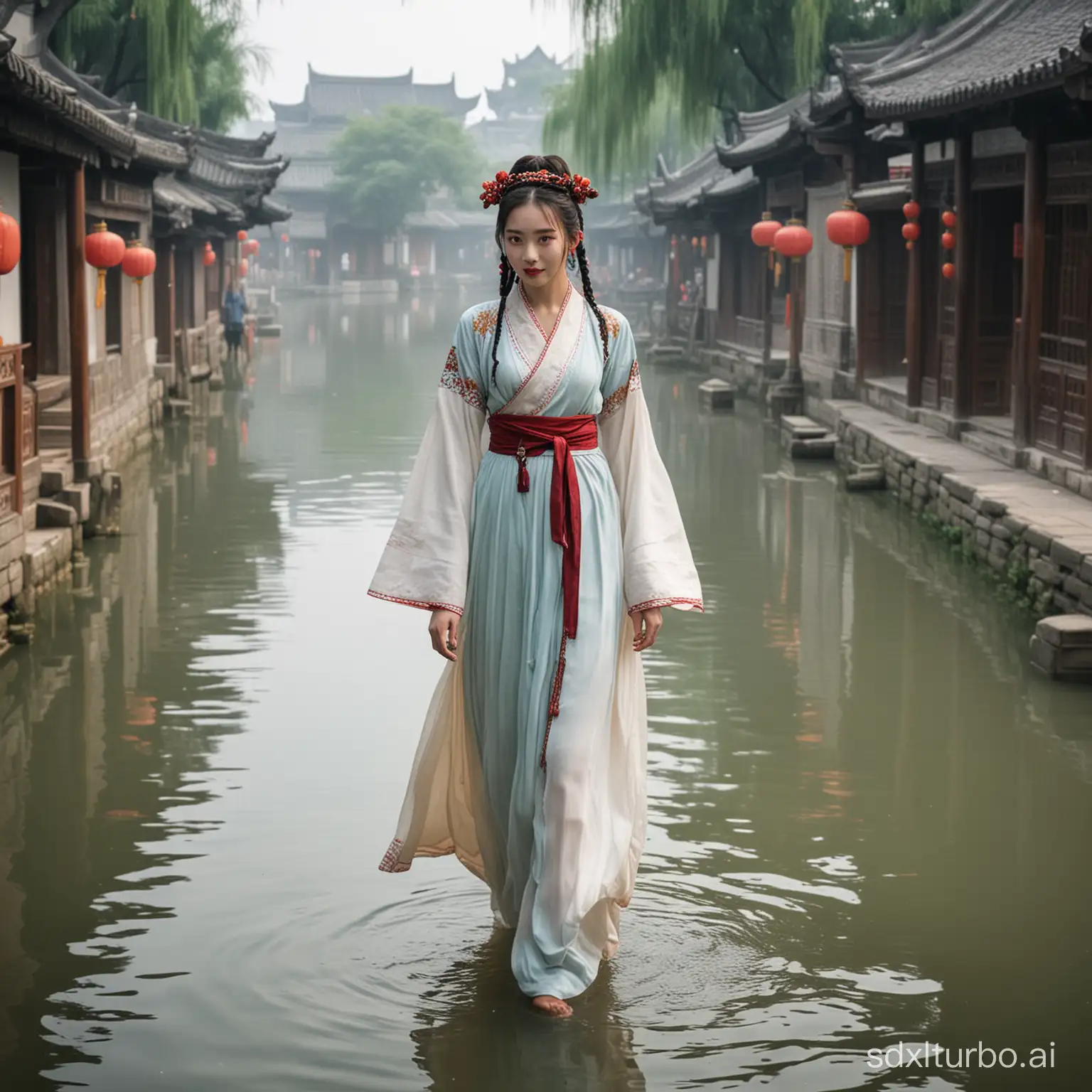 The girl in ancient costume walking in the water town of Jiangnan