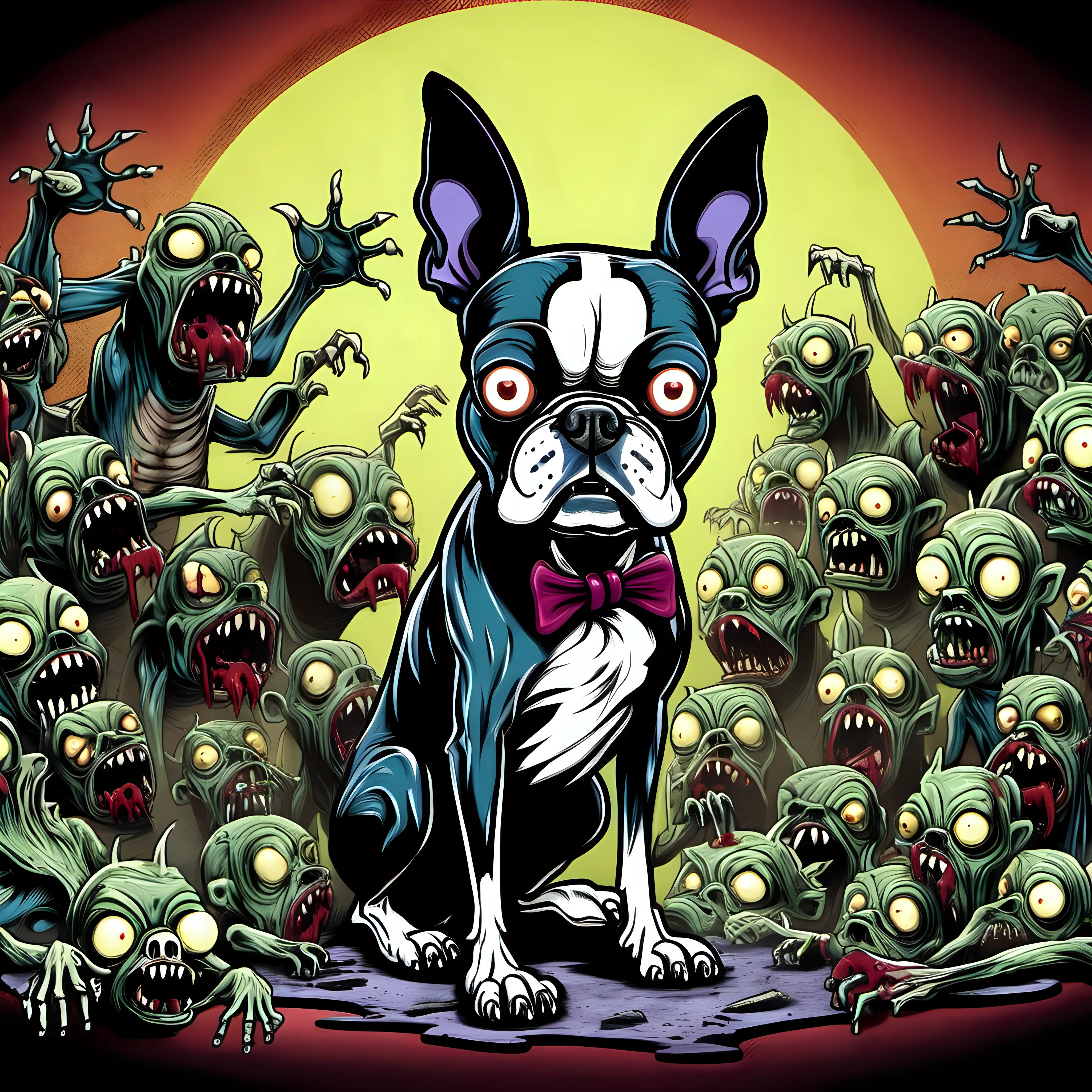 Zombie Boston Terrier Monster in Retro 1970s Animation Style