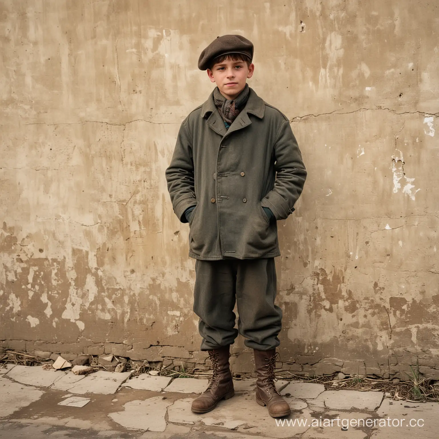 На дворе 1917 год. Стоит человек в пальто, штанах, берете и ободраных сапогах. Его возраст около 14 лет. Около него ещё четыре таких же человека стоят. Они стоят на фоне ободроной стены. На улице зима.