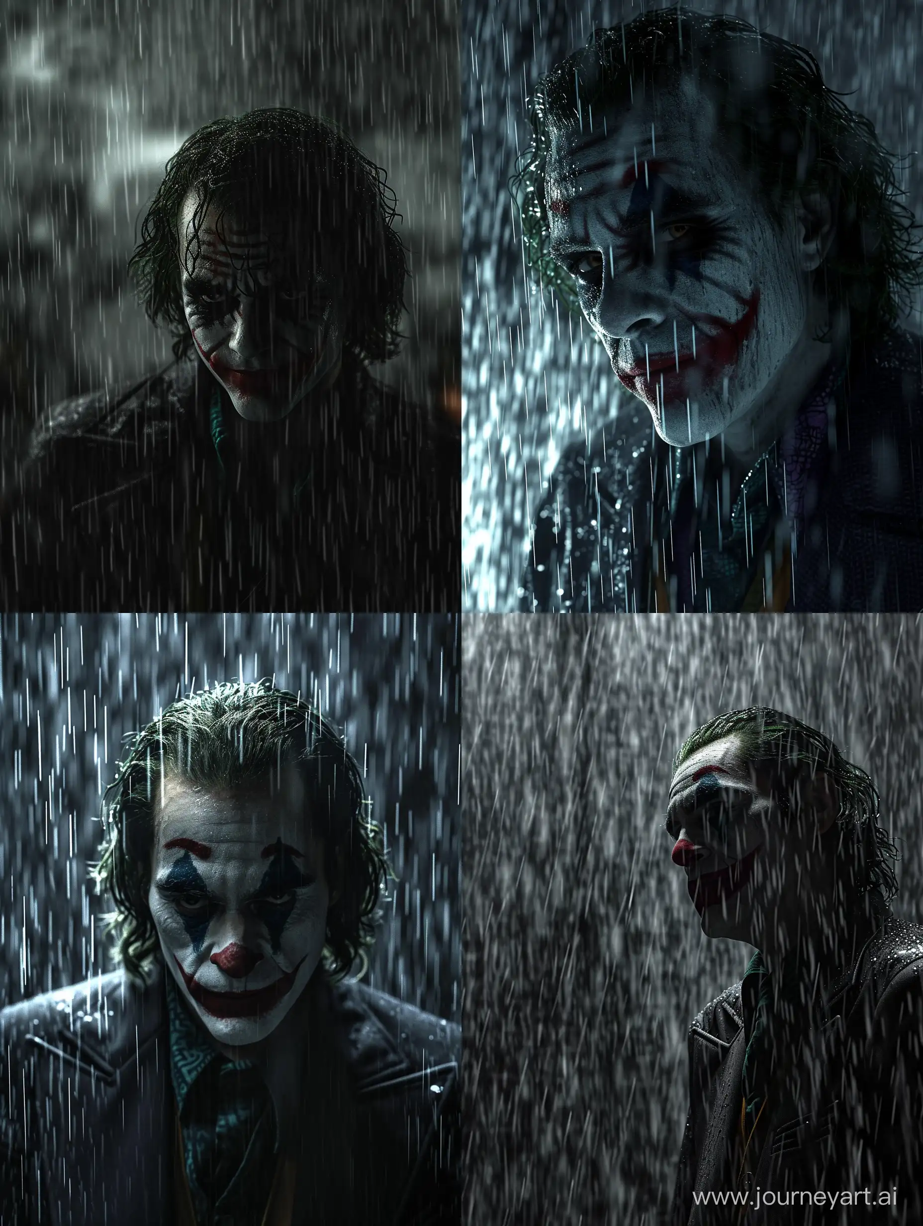 Absolute darkness with heavy rain in the center of which stands Heath Ledger's Joker, he looking at camera, far view, shot from the movie, cinematic, photorealistic, ultra-detailed, 4k