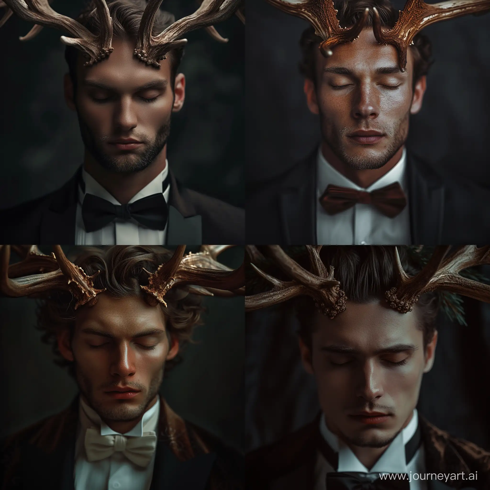 Close up photo of a man with deer antlers. Wearing luxury tuxedo. Handsome and creepy. His eyes are closed. Dark background. Realistic image