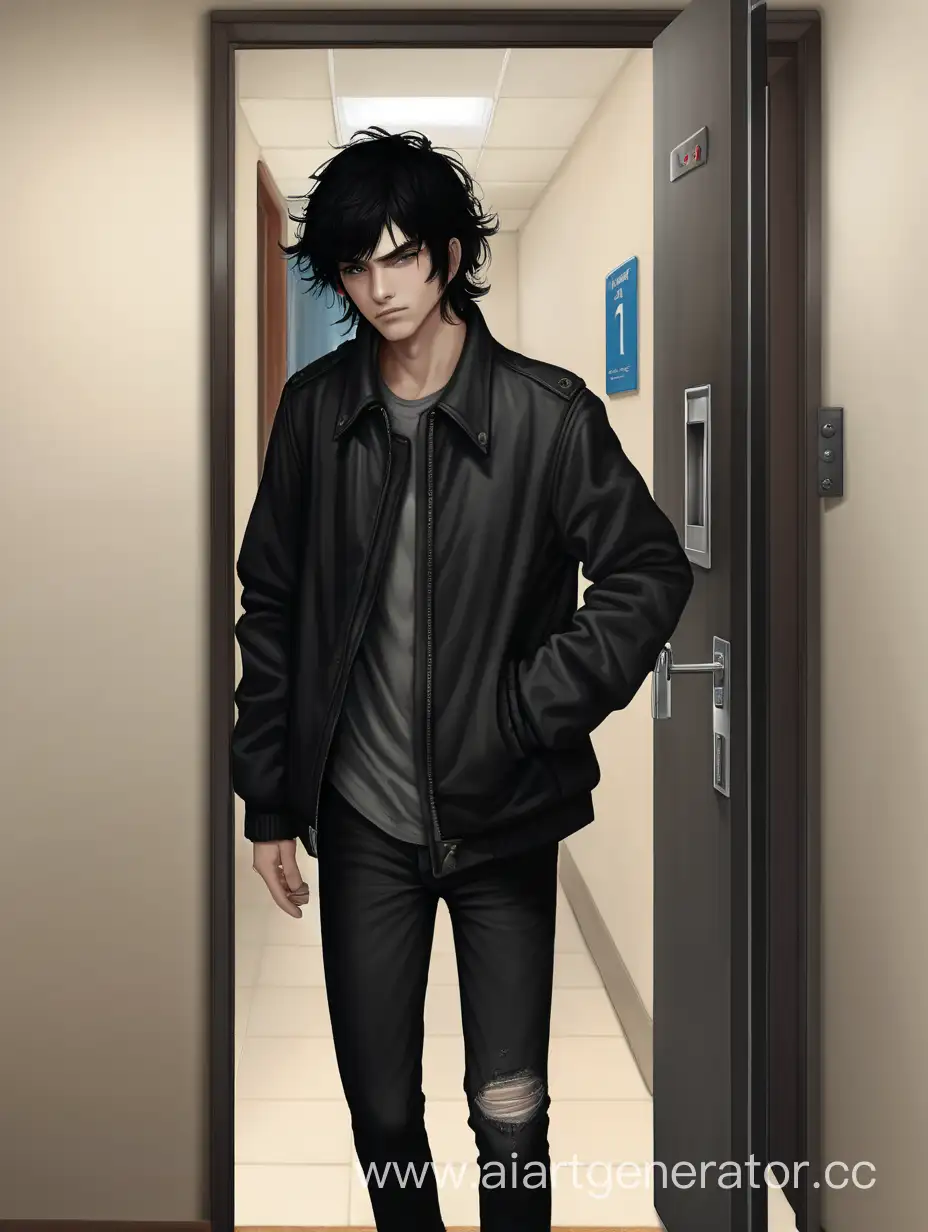 Парень с растрепанными черными волосами, черной куртке, черных брюках, и черных туфлях стоит у двери в коридоре.