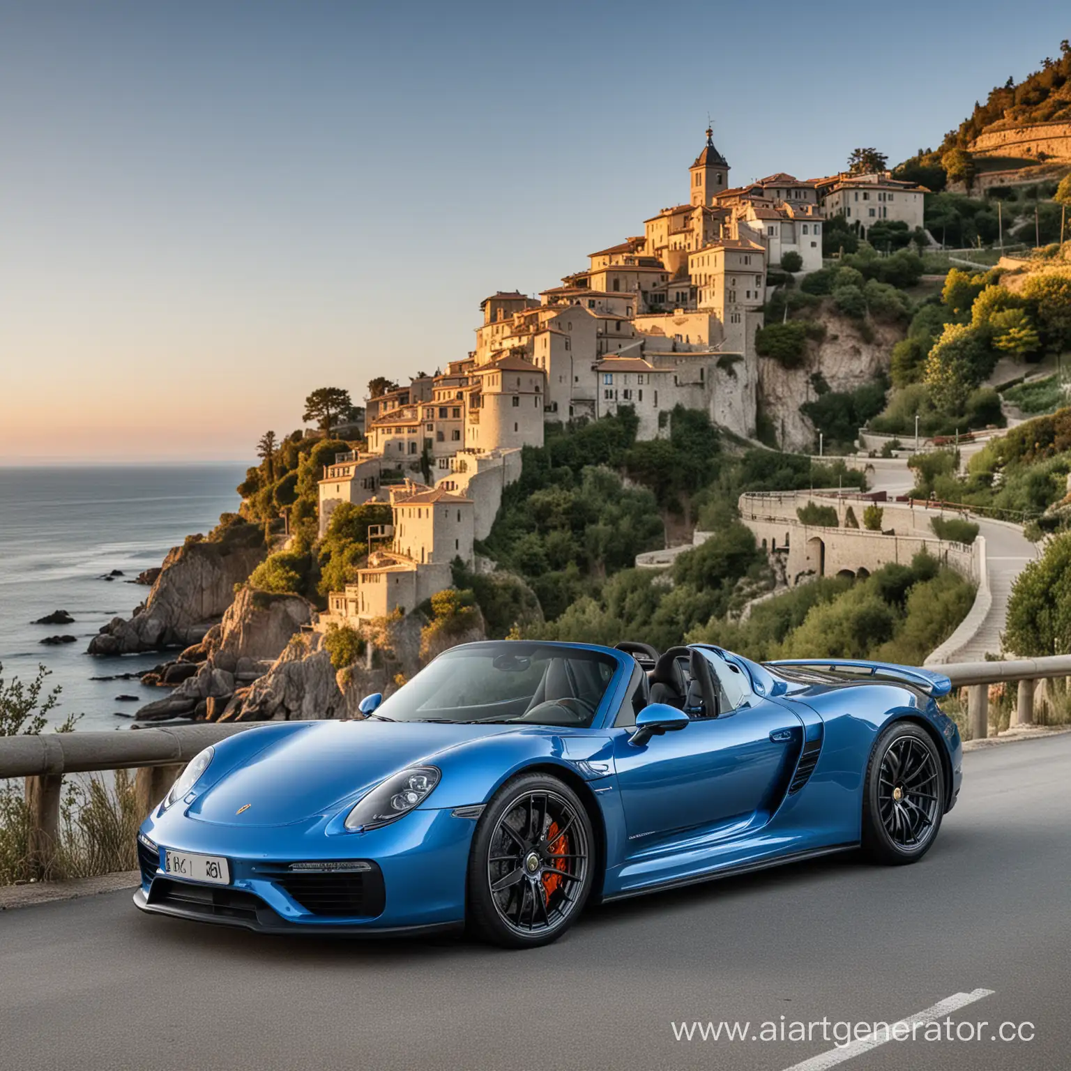 Blue-Porsche-918-Spider-Racing-Through-Scenic-Landscape
