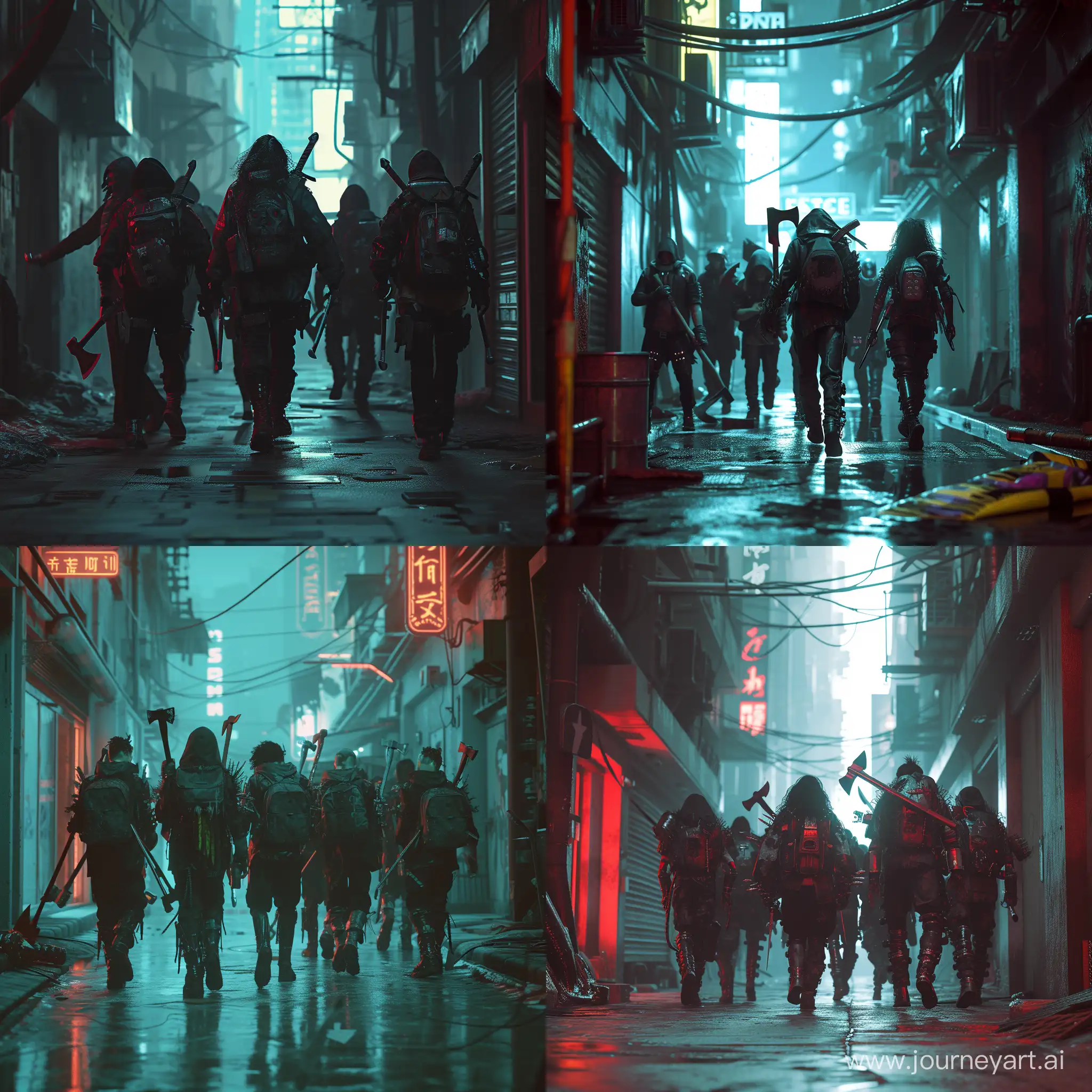 Futuristic-Punk-Rock-Gang-with-Axes-in-Dystopian-City-Alley