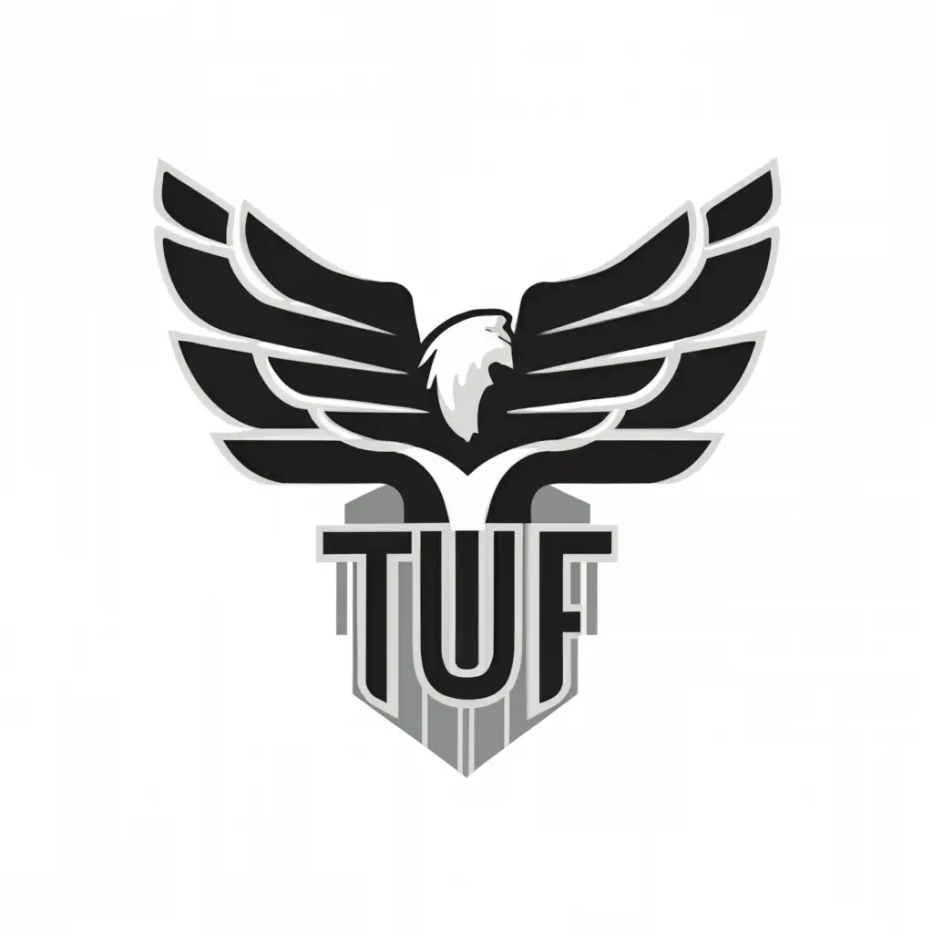 a logo design,with the text "T U F", main symbol:eagle wings on both side and u on the middle,Moderate,be used in Technology industry,clear background