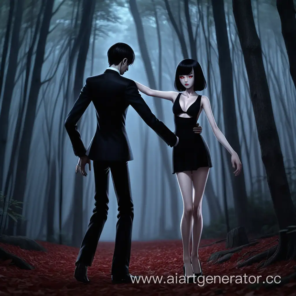 Китайский молодой худой мужчина 27 лет мафиози, красные глаза, чёрные волосы, бледная кожа. Танцует танго в одиночестве в лесу #аниме #4k #realistic #horor 