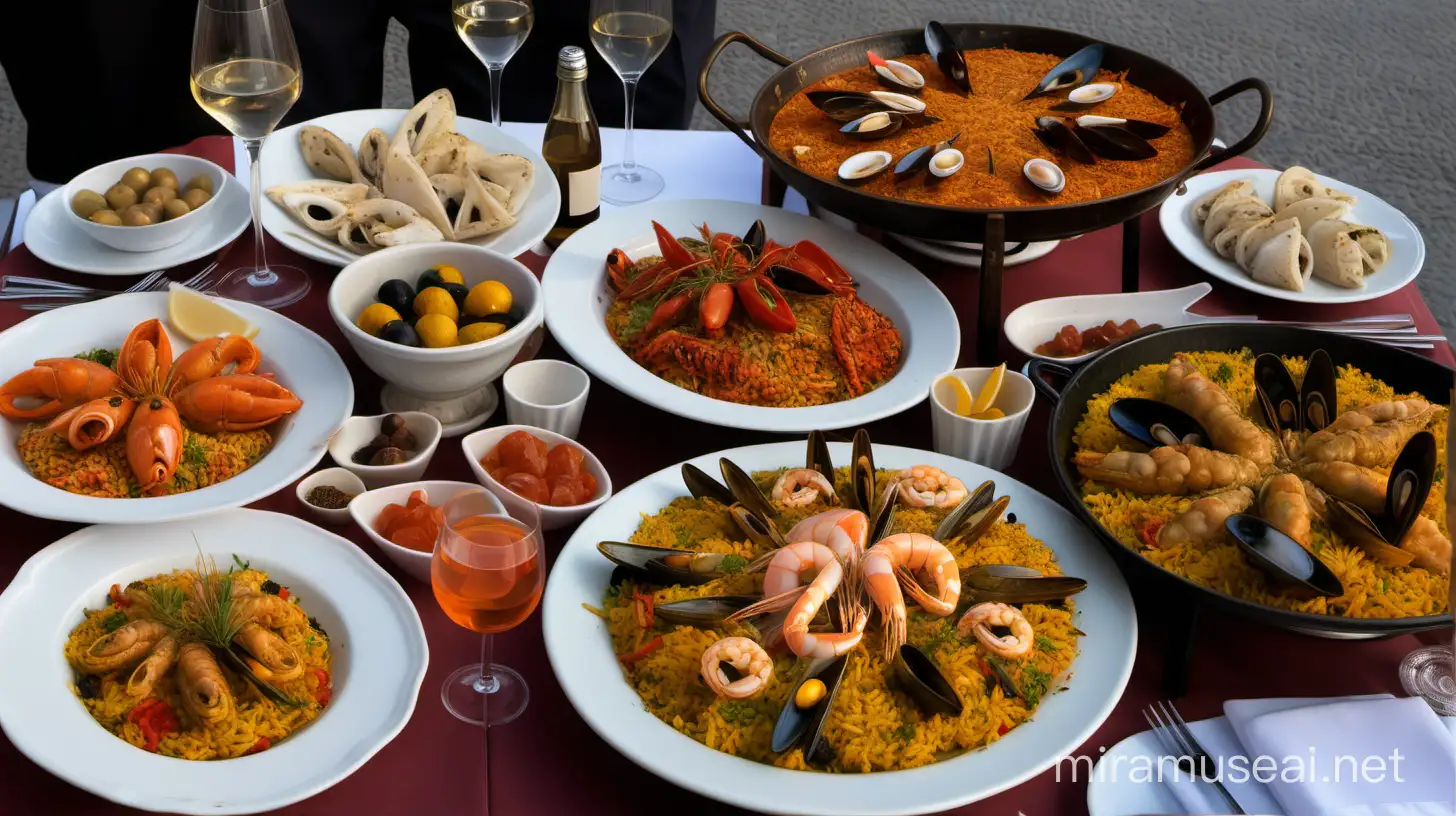 Vibrant Restaurant Scene with Paella and Aperitifs