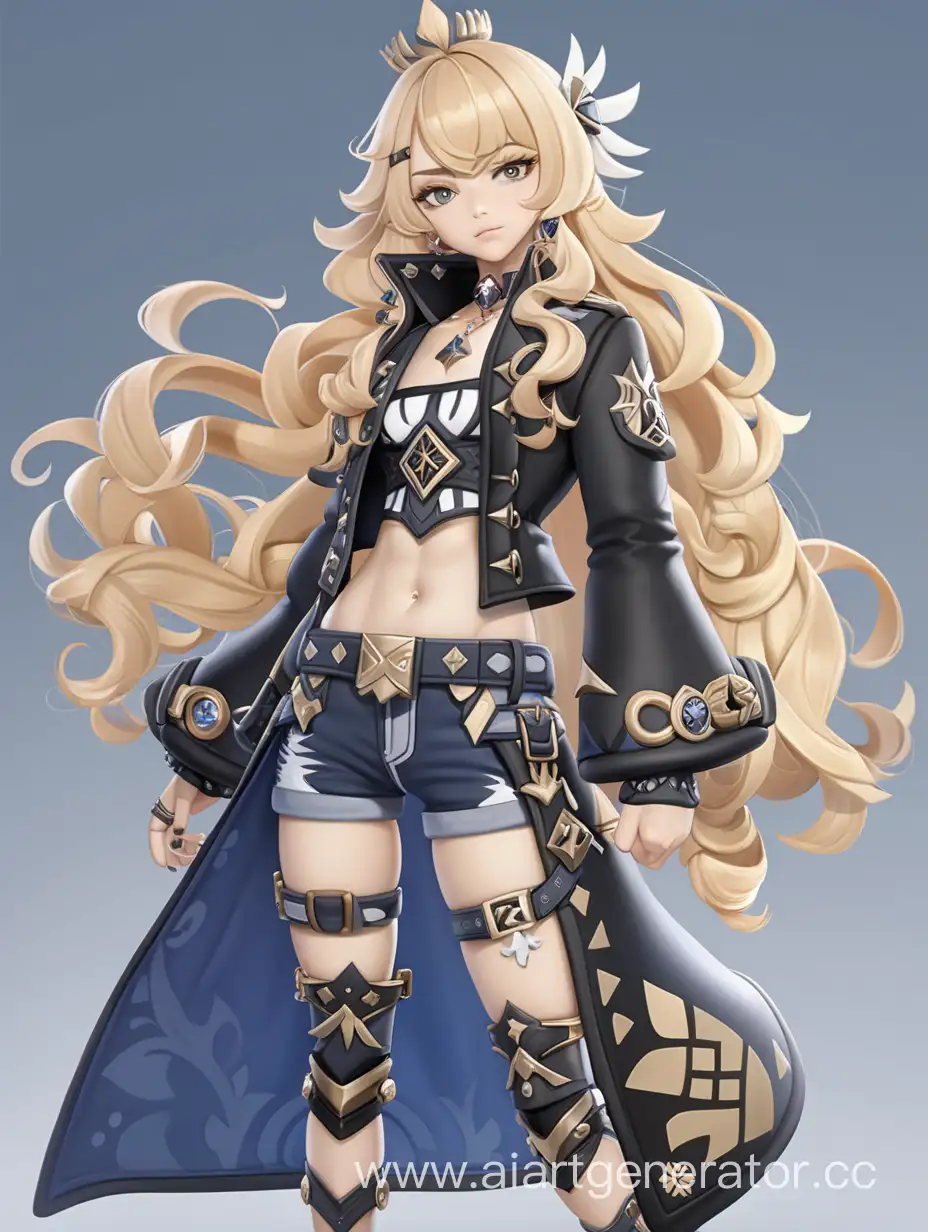 Genshin impact style, genshin impact character, full body, female character, character design, blonde long curly hair, tall girl, punk design, punk clothes, mommy vibe, midly muscular woman, patch on right eye, aristocratic clothes, pretty expensive clothes, warrior