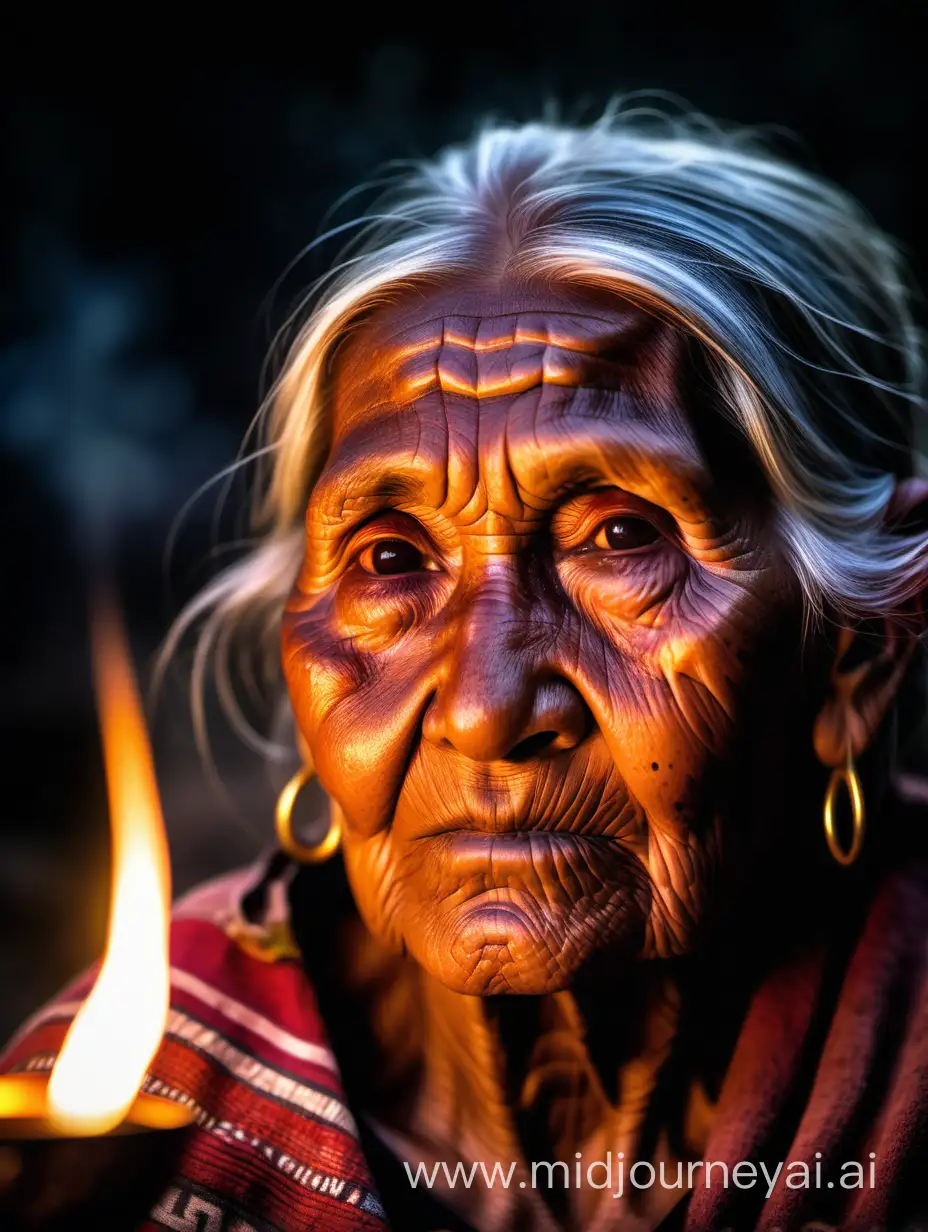 Enlightened Toltec Indigenous Centenarian Goddess Old Woman Lit by Firelight
