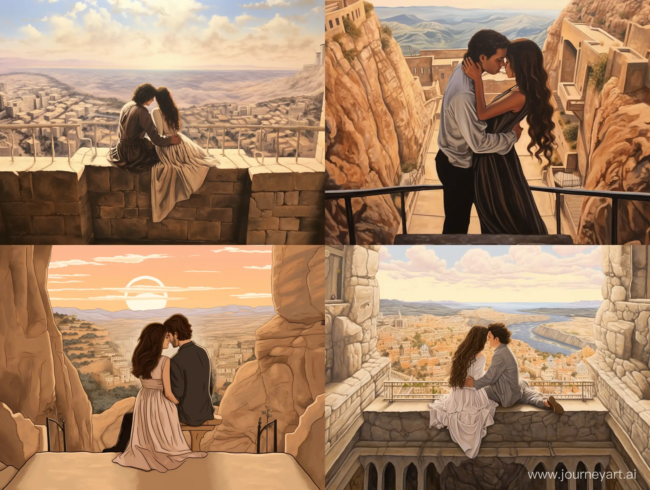 Draw me a picture of Harry Styles and Ariana Grande kissing from the walls of Israel on a big mountain in Jerusalem and a beautiful background with a beautiful beautiful view