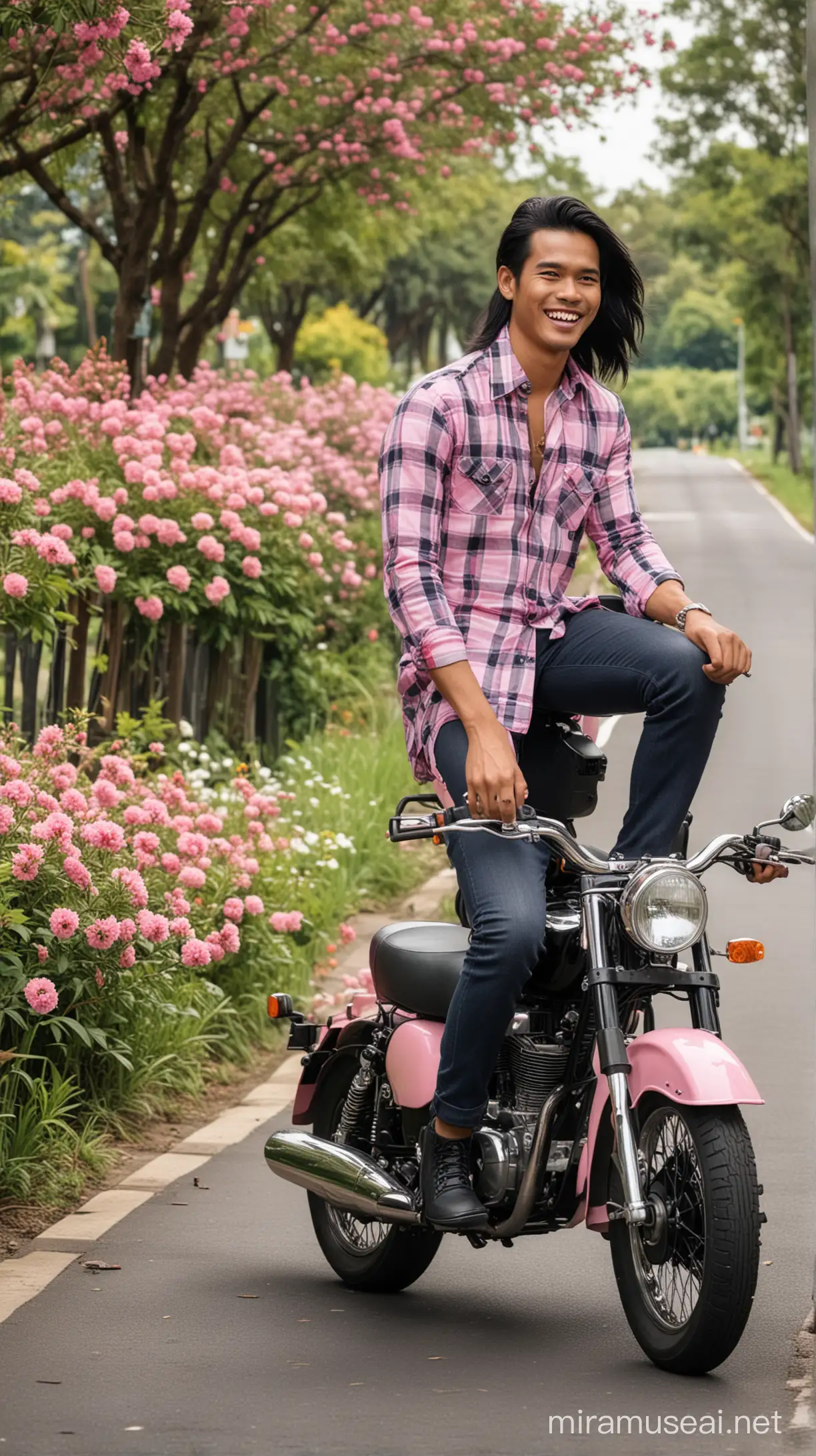 Handsome Indonesian Man Riding Classic Motorcycle with Beautiful Girl on Serene Treelined Road
