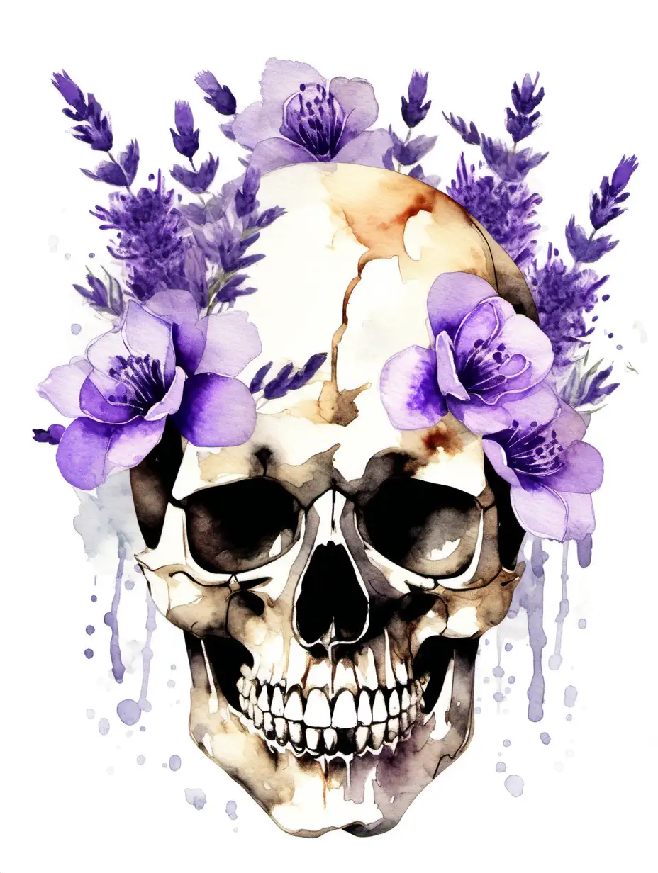 skull with lavender blossoms in the style of water color, white background
