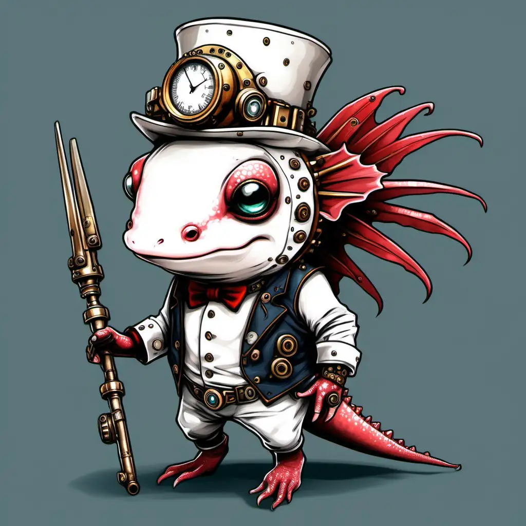 an Axolotl character for a board game, steam punk style,white skin and red eyes


