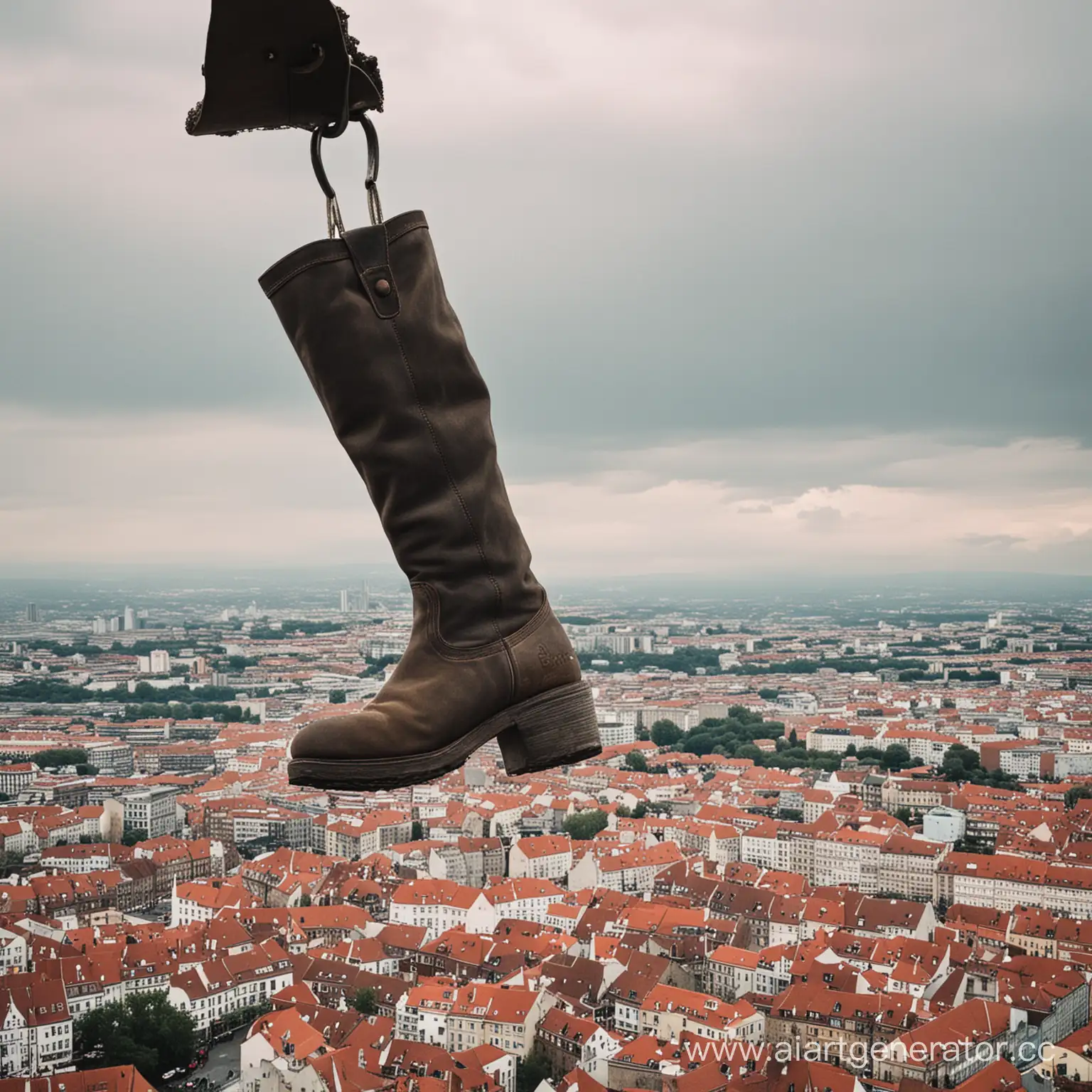 Urban-Landscape-with-Oversized-Boot-Suspended-Over-City