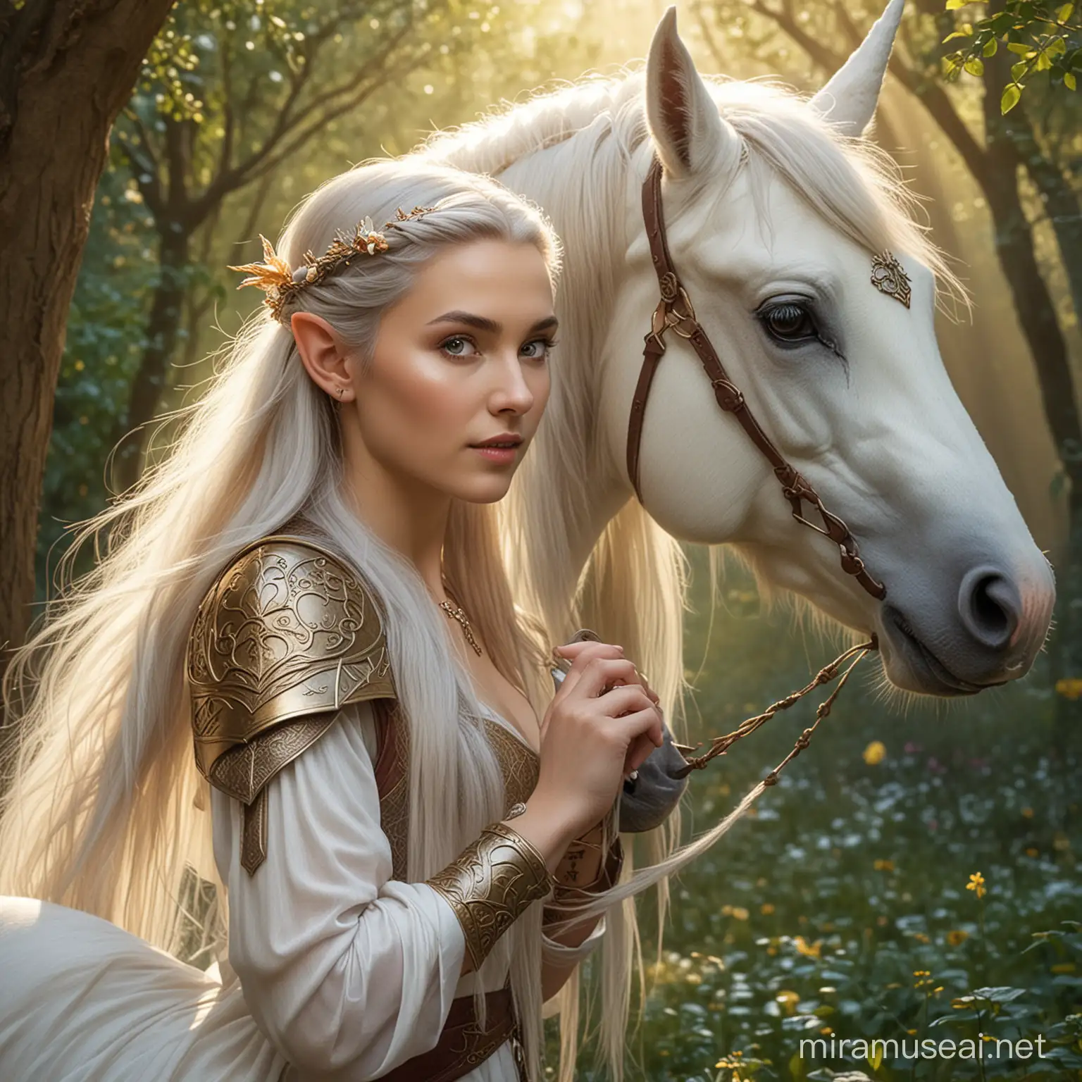 Eine elfische Prinzessin, die einen Pakt mit einem Einhorn geschlossen hat.