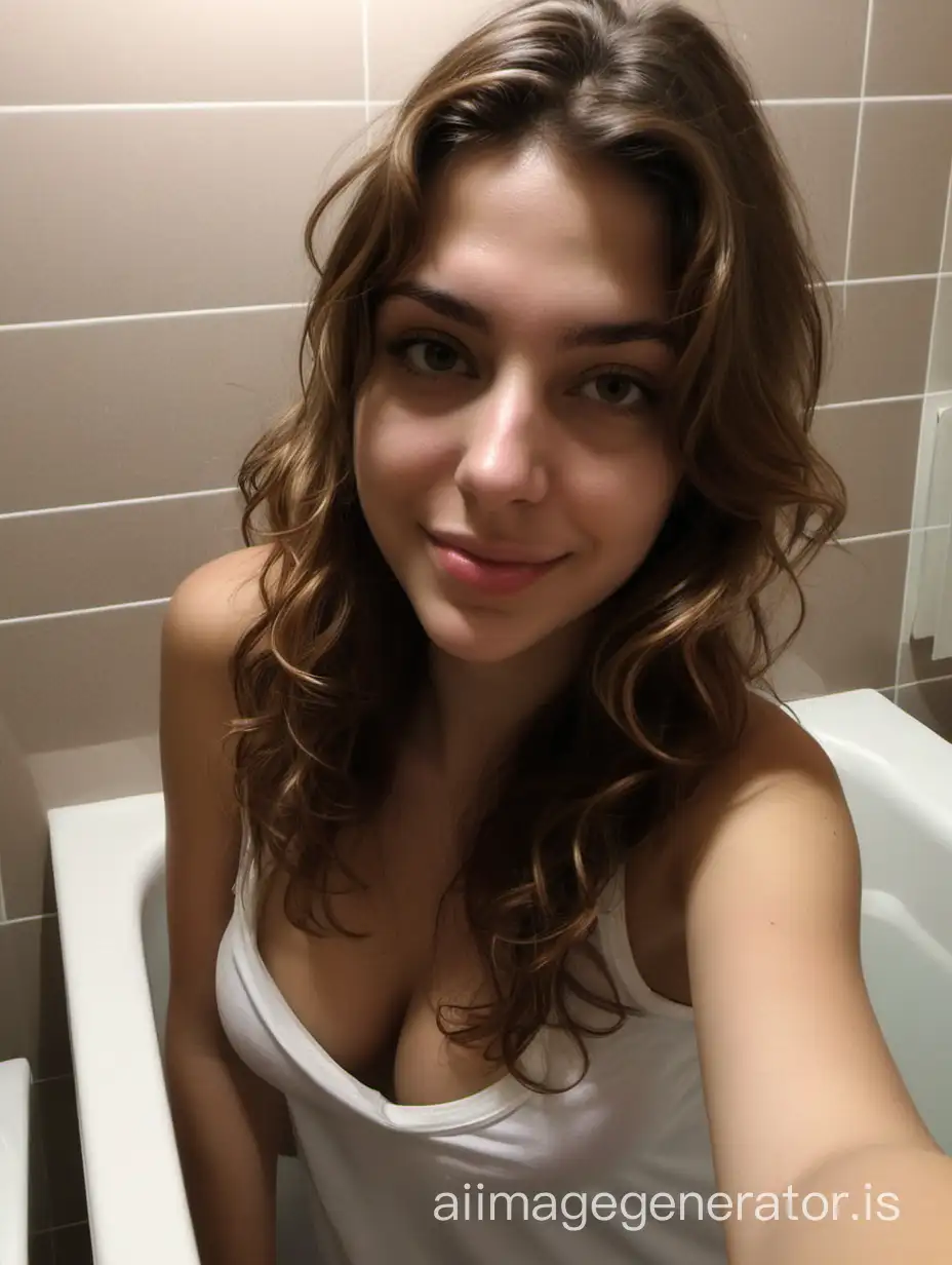 A photo of michela an italian prosperous hot girl just came back home from college with brown wavy hair taking a self hotel pitture relaxing on her bathroom