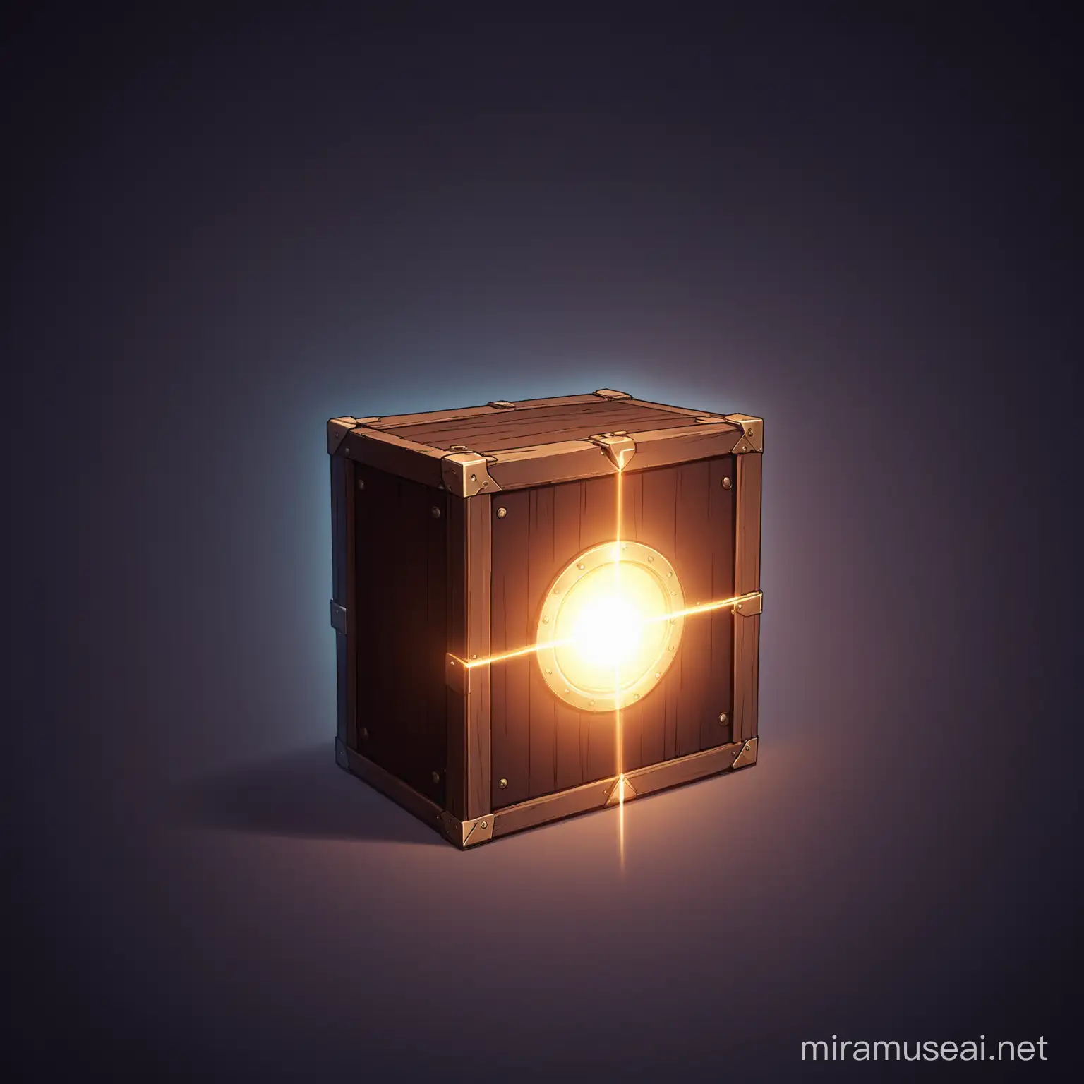 generate open chest with mystery  light like you cant see anything in it. make chest front of camera
