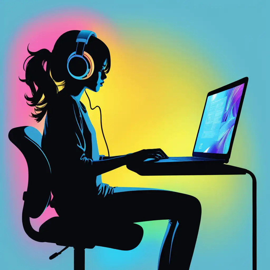 Silhouette of a woman playing in a digital monitor in the air, she is wearing headphones and a laptop next to her, illustrated style, Colorful