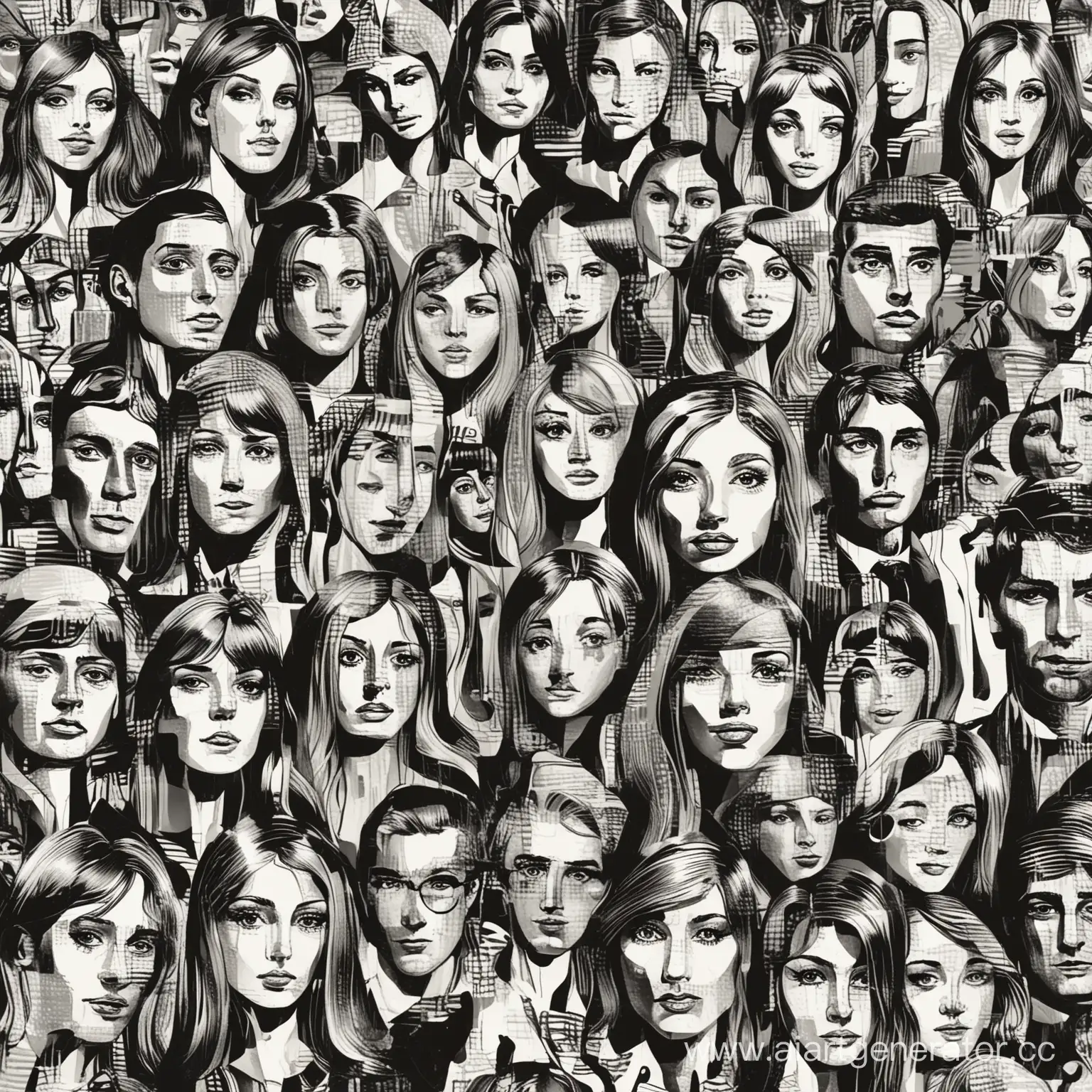 art girls and men, 1970, vector style, black, white