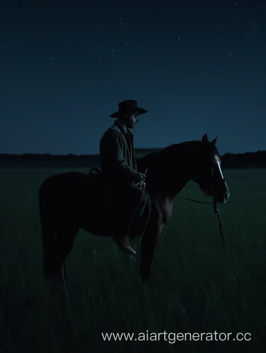 мужчина стоит ночью один в поле и держит коня