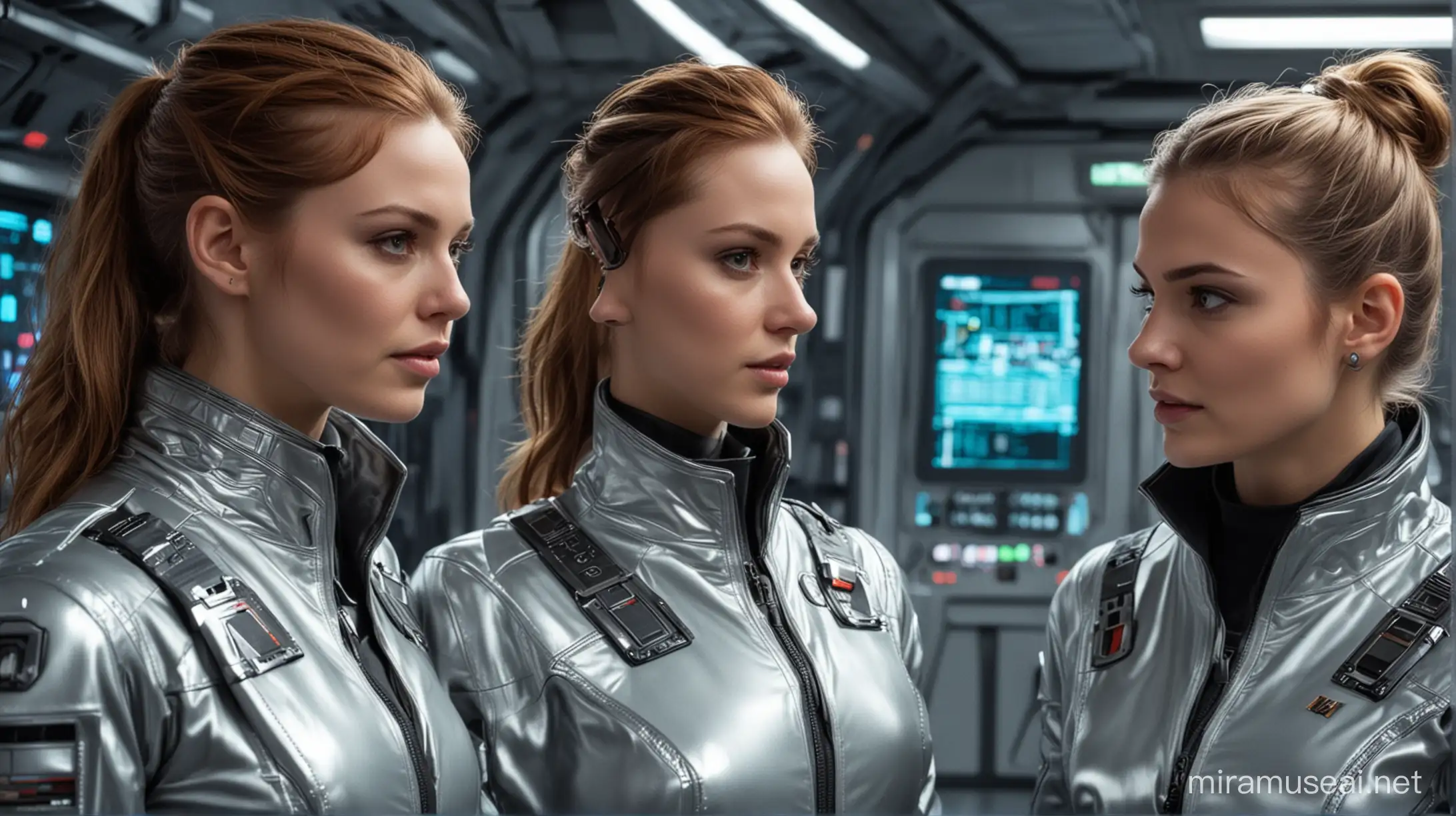 Within the confines a command room of sci-fi starship, ((two young women)), european full faces, glossy silver jackets, engage in an intriguing conversation, their expressions exuding intelligence and camaraderie.