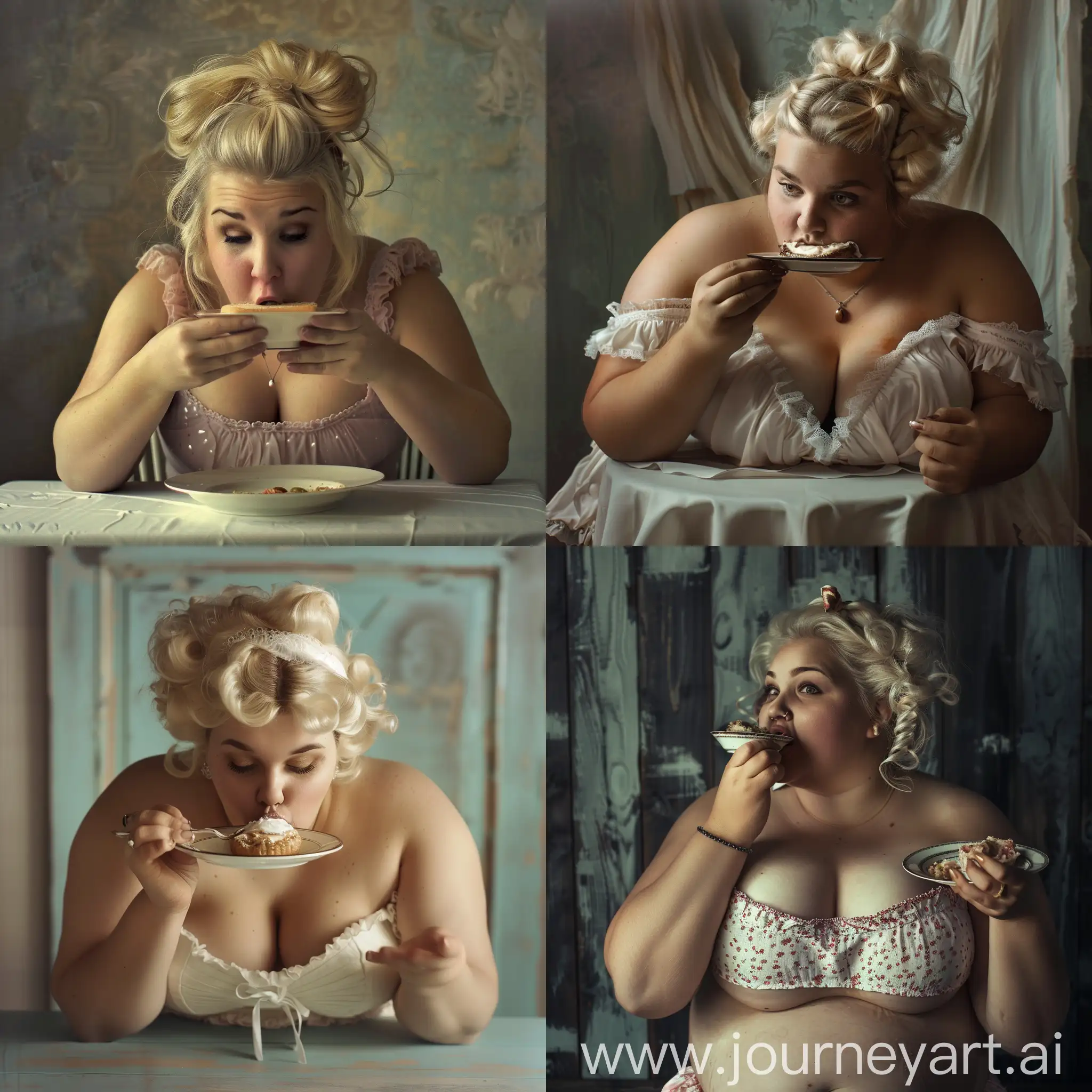 fat blonde woman with a chignon eating off a plate directly with its mouth