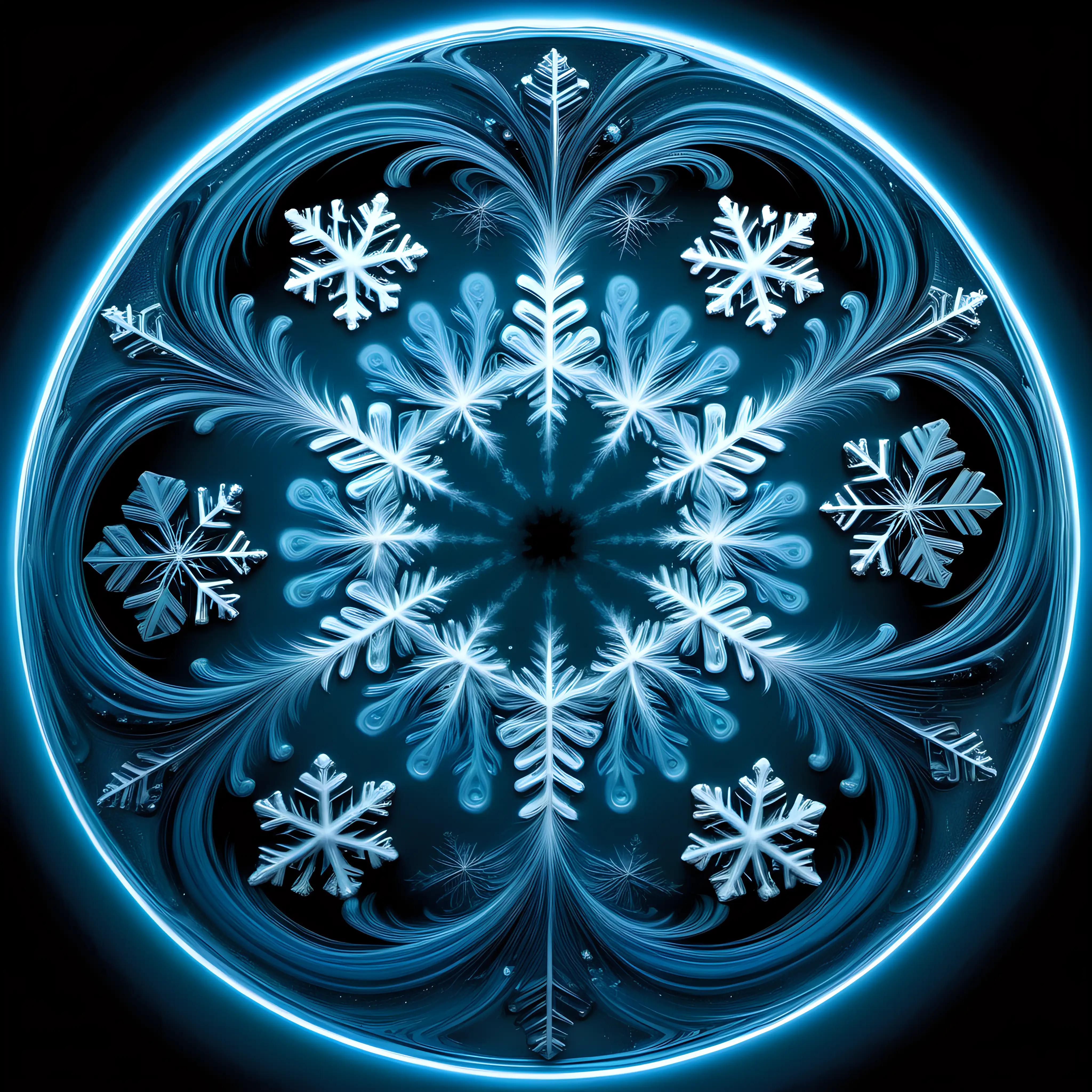 Glowing, celeste blue frosty, circular swirl with snowflakes intermixed within it